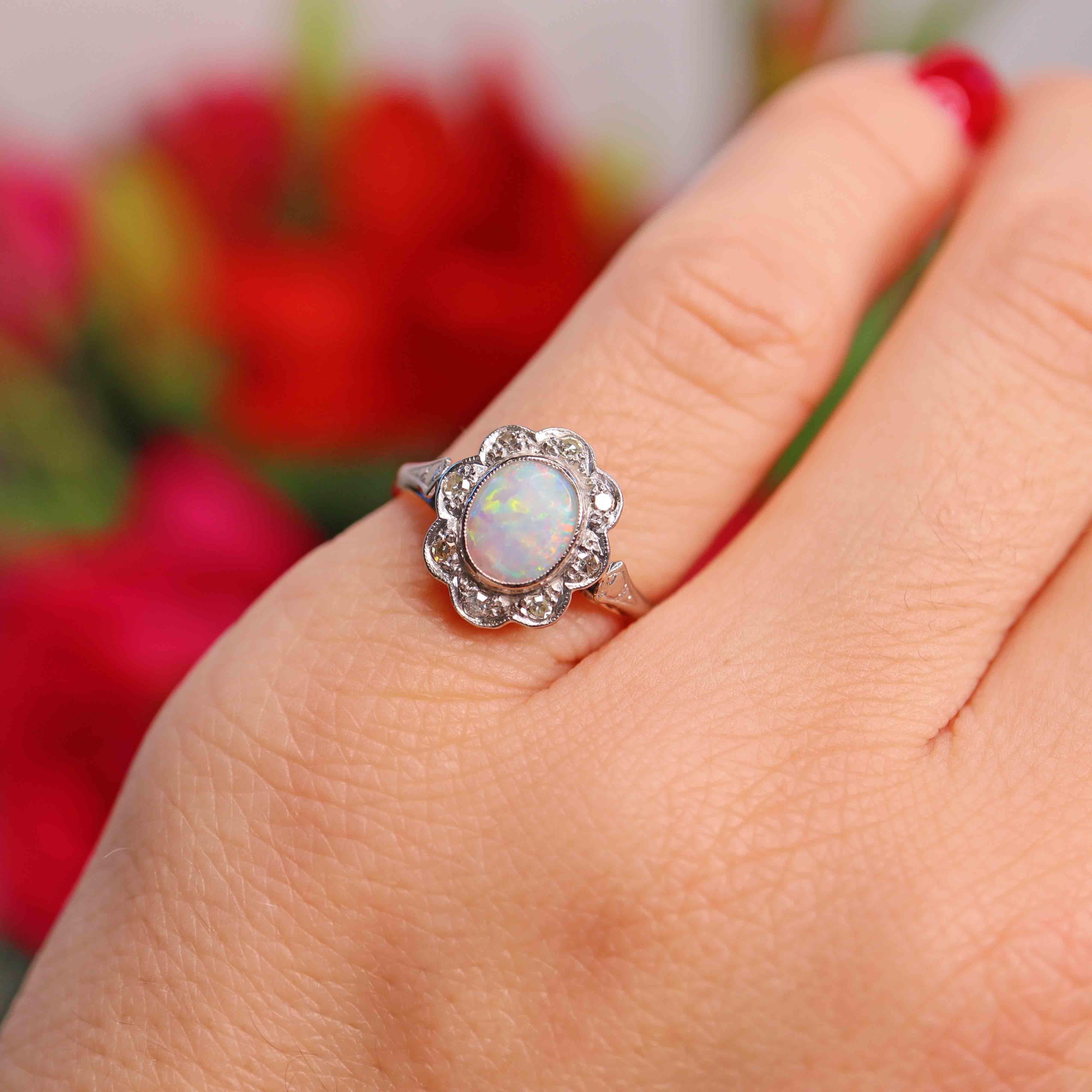 Ellibelle Jewellery Art Deco Opal & Diamond 18ct Gold Platinum Daisy Cluster Ring