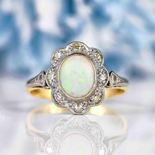 Ellibelle Jewellery Art Deco Opal & Diamond 18ct Gold Platinum Daisy Cluster Ring