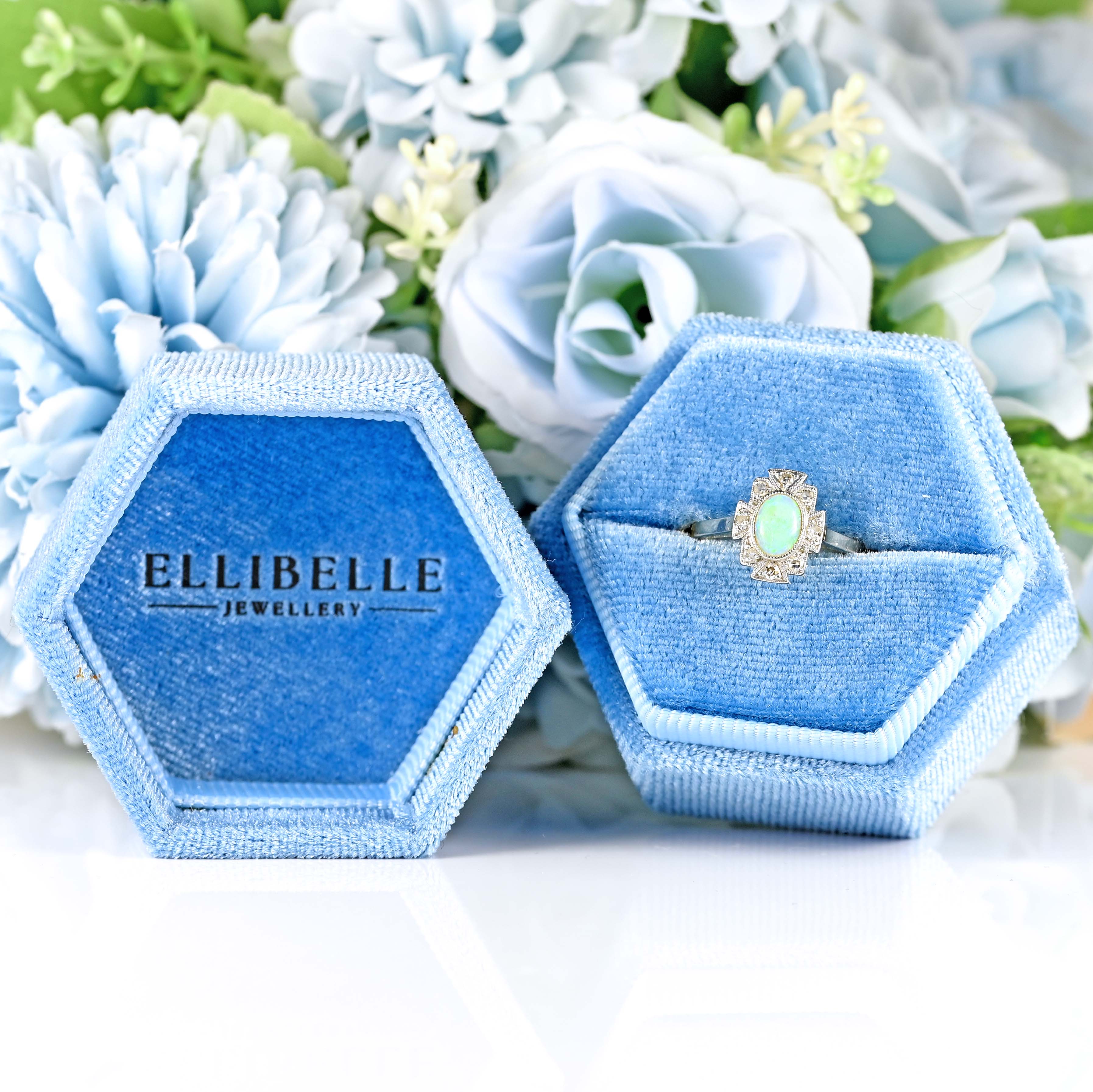 Ellibelle Jewellery Art Deco Opal & Diamond 18ct Gold Platinum Geometric Cluster Ring