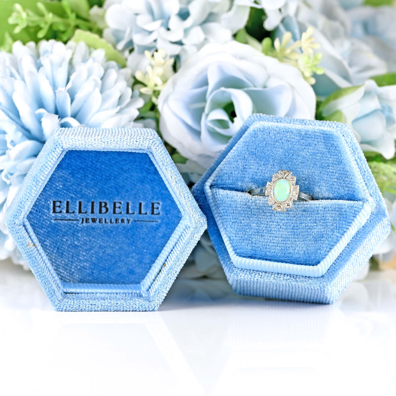 Ellibelle Jewellery Art Deco Opal & Diamond 18ct Gold Platinum Geometric Cluster Ring