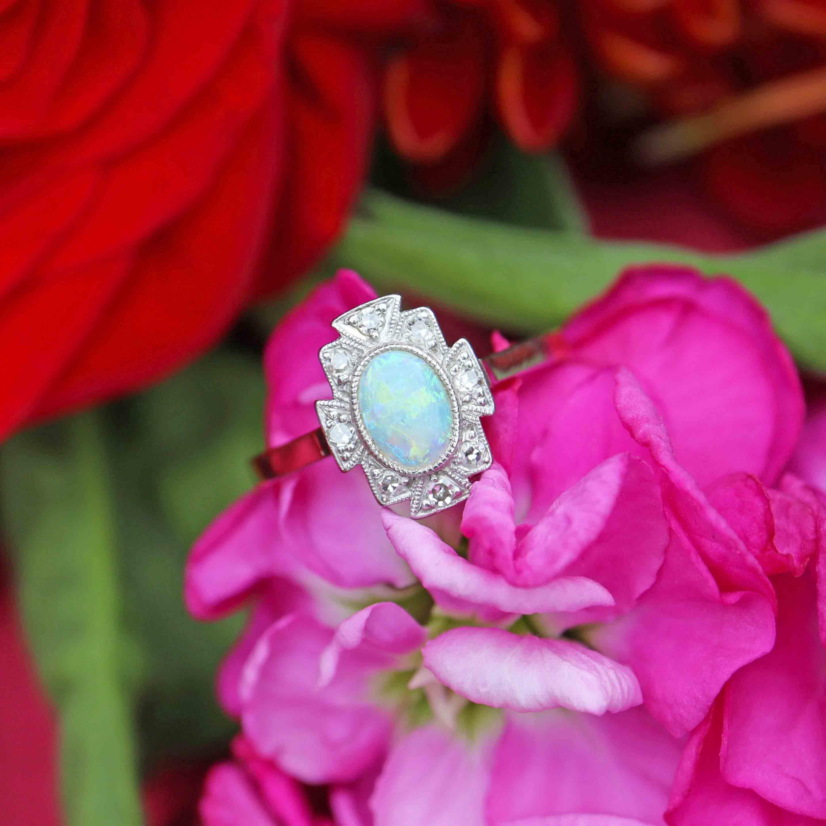 Ellibelle Jewellery Art Deco Opal & Diamond 18ct Gold Platinum Geometric Cluster Ring