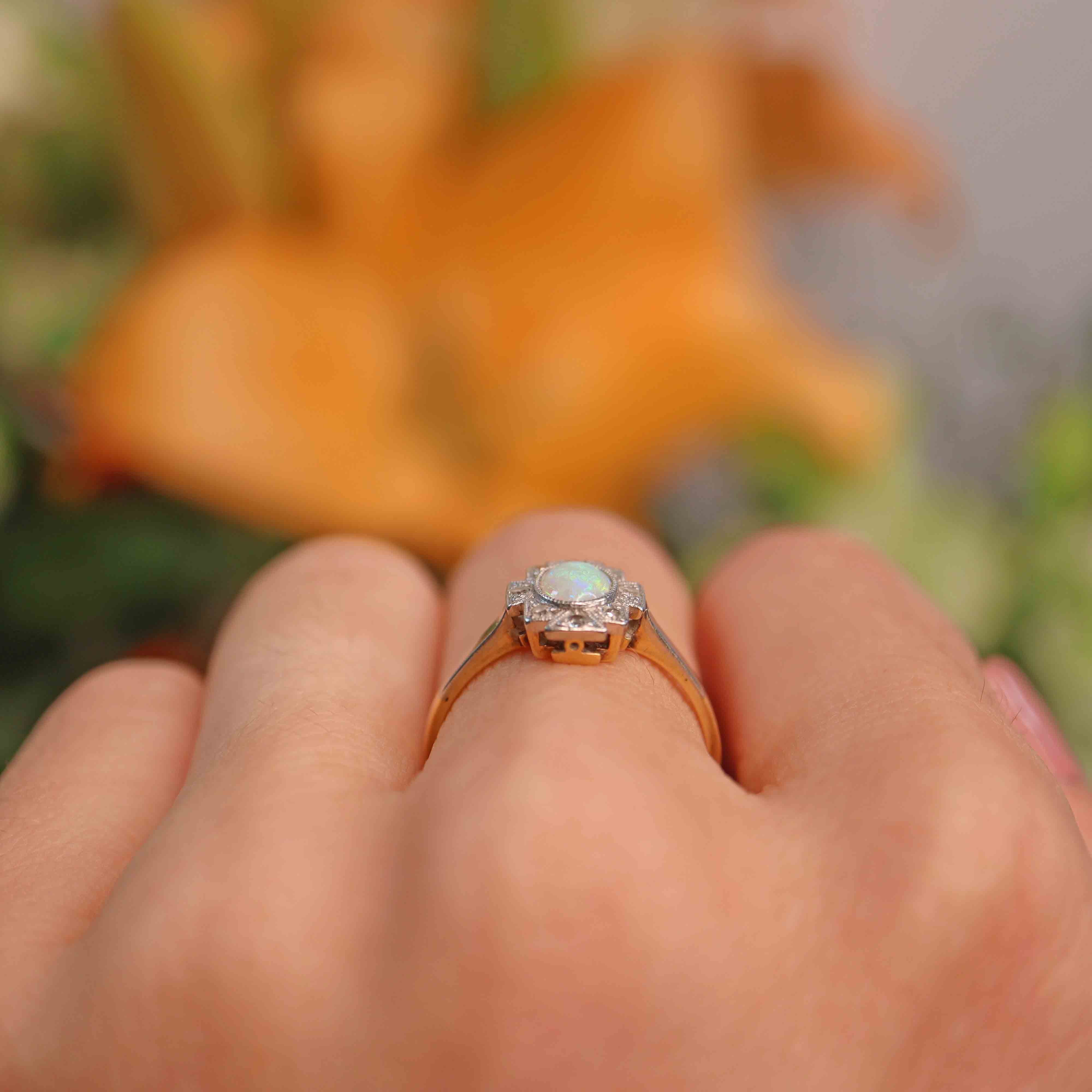 Ellibelle Jewellery Art Deco Opal & Diamond 18ct Gold Platinum Geometric Cluster Ring