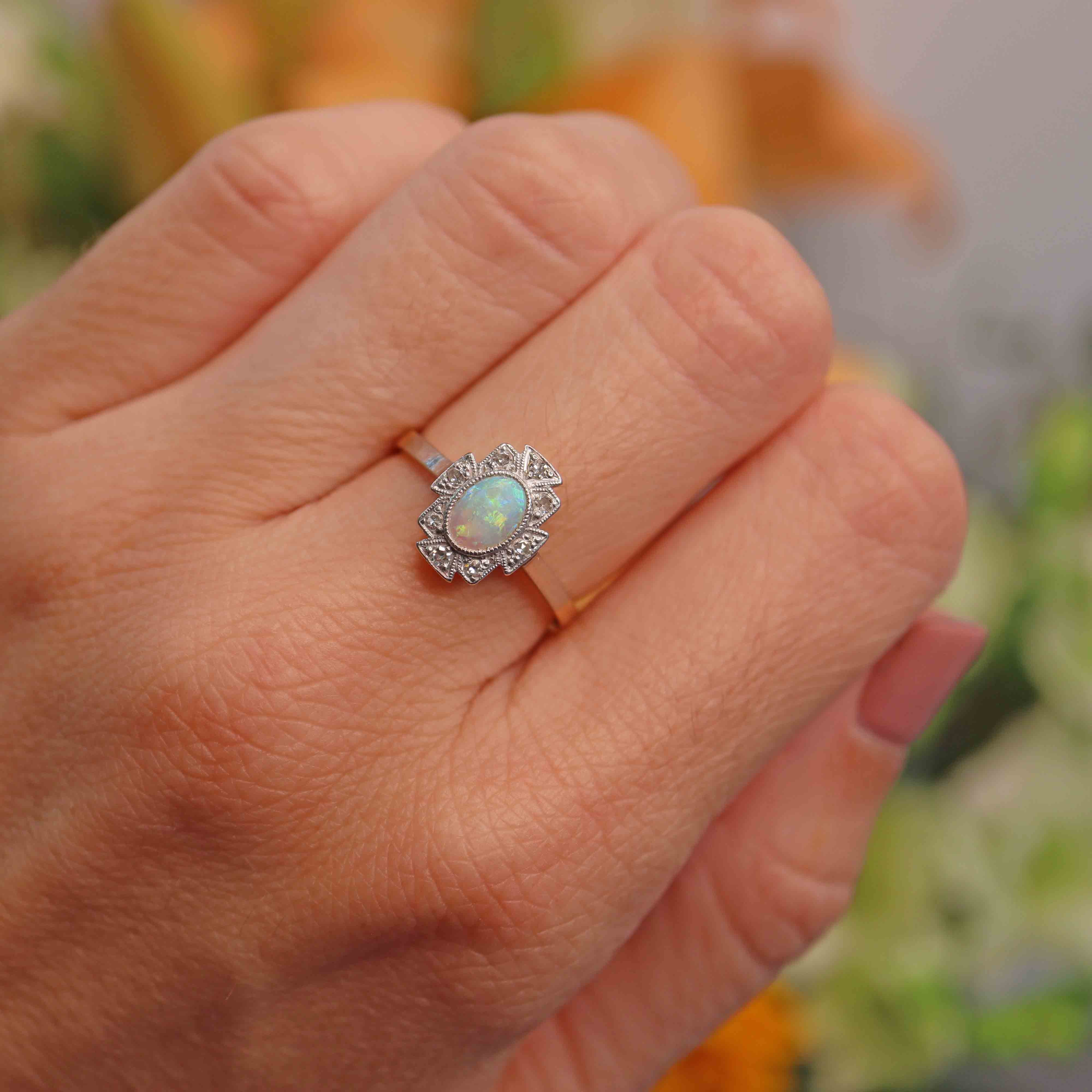 Ellibelle Jewellery Art Deco Opal & Diamond 18ct Gold Platinum Geometric Cluster Ring
