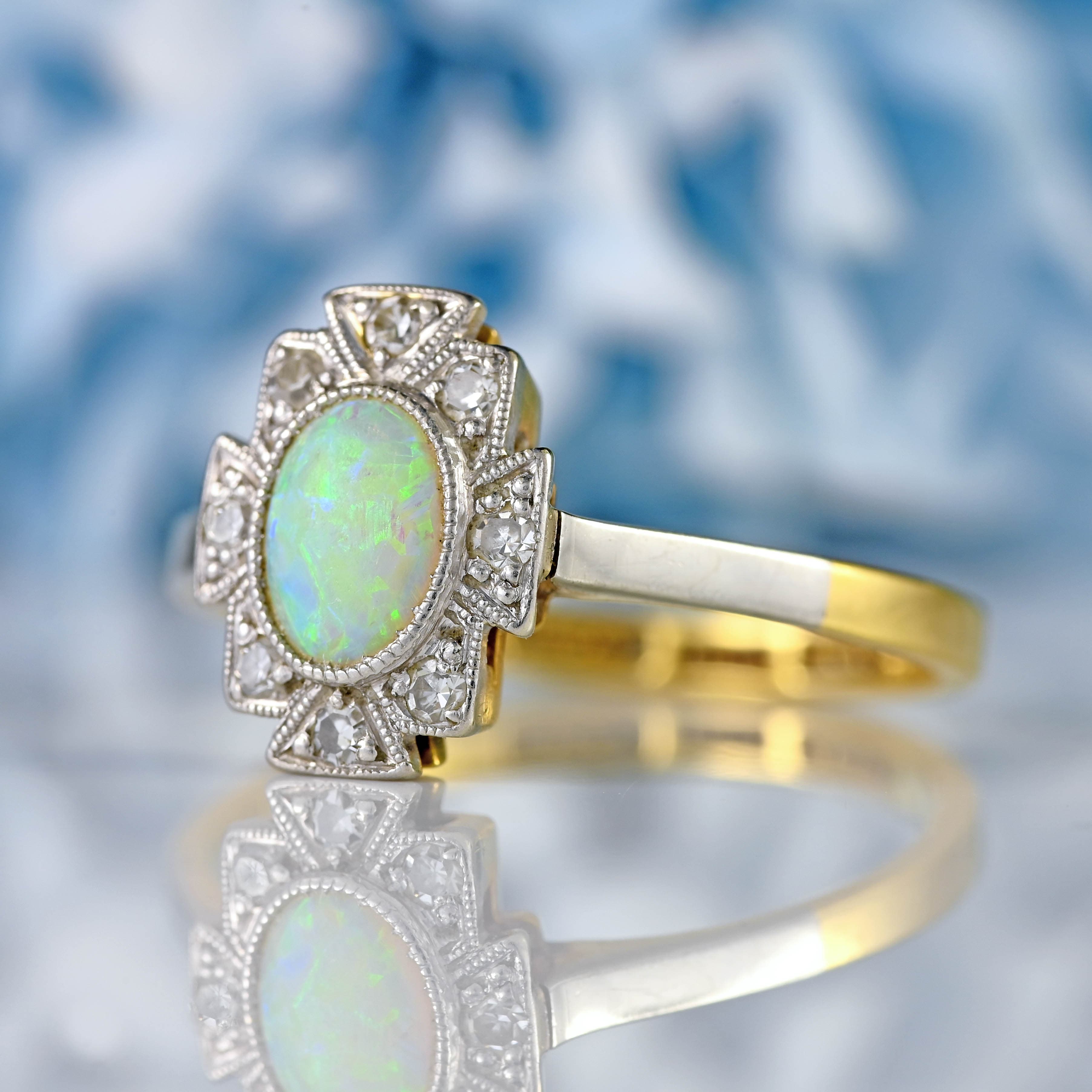 Ellibelle Jewellery Art Deco Opal & Diamond 18ct Gold Platinum Geometric Cluster Ring
