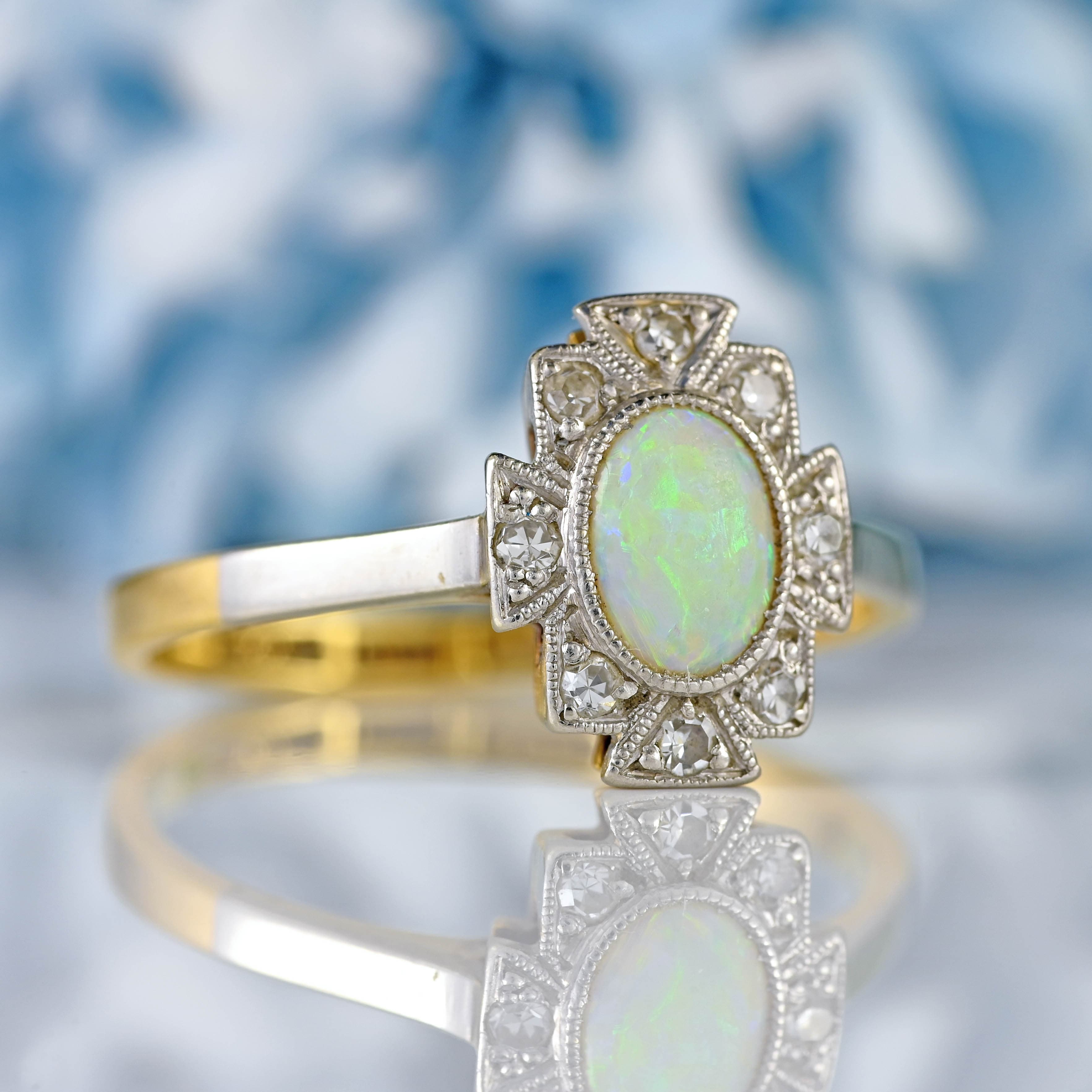 Ellibelle Jewellery Art Deco Opal & Diamond 18ct Gold Platinum Geometric Cluster Ring