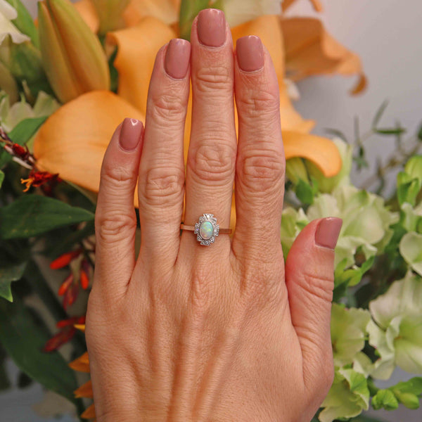 Ellibelle Jewellery Art Deco Opal & Diamond 18ct Gold Platinum Geometric Cluster Ring