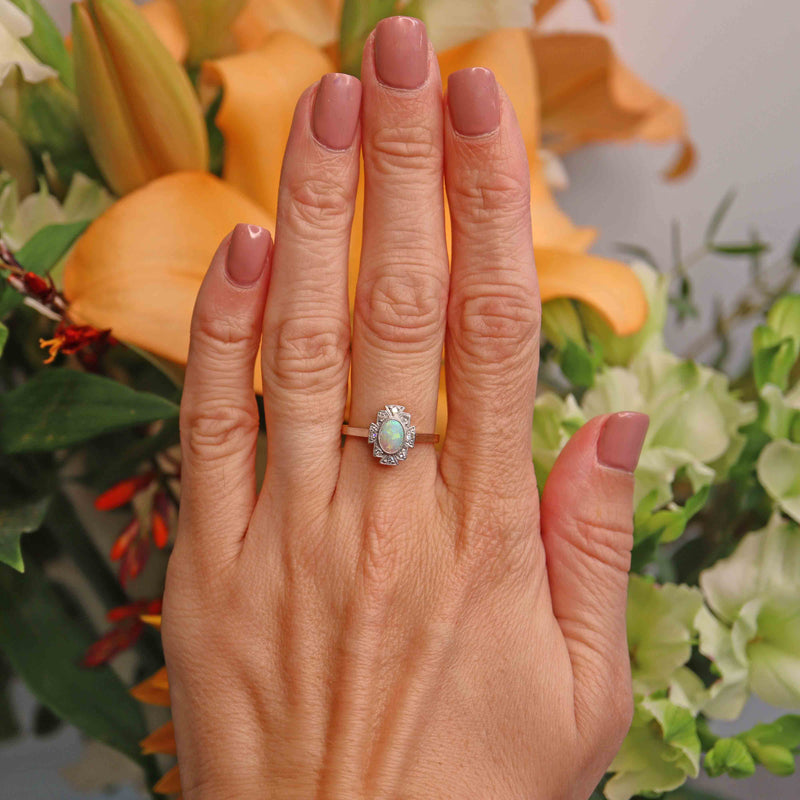 Ellibelle Jewellery Art Deco Opal & Diamond 18ct Gold Platinum Geometric Cluster Ring