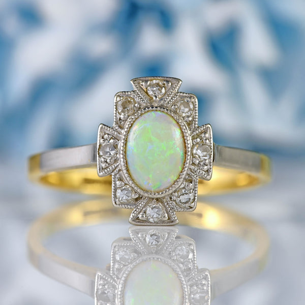 Ellibelle Jewellery Art Deco Opal & Diamond 18ct Gold Platinum Geometric Cluster Ring