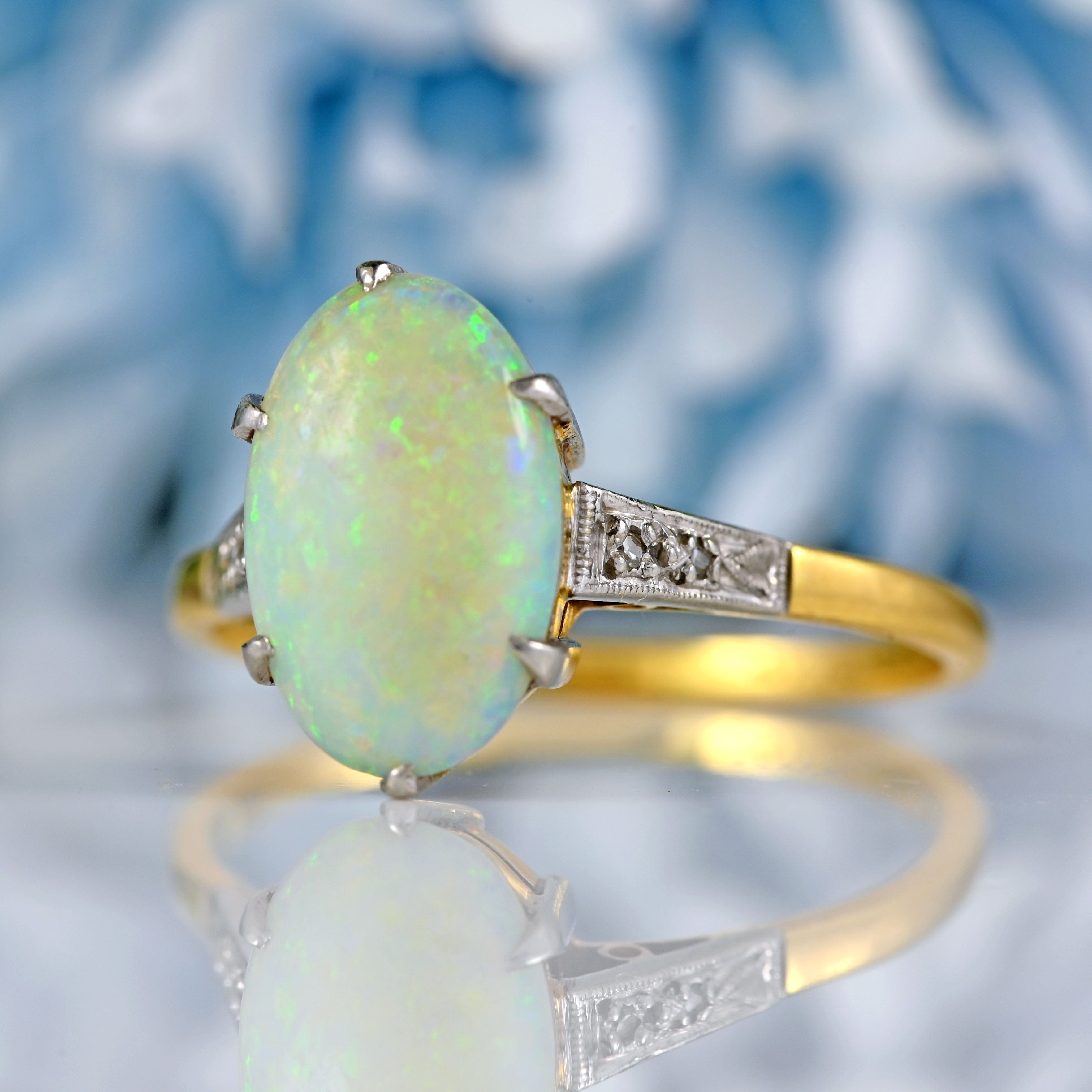 Ellibelle Jewellery Art Deco Opal & Diamond 18ct Gold Platinum Ring (1.50ct)