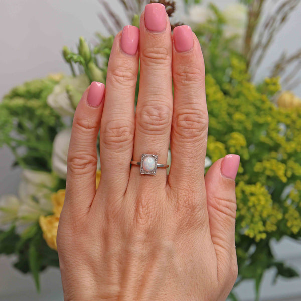 Ellibelle Jewellery Art Deco Opal & Diamond 18ct Gold Platinum Ring