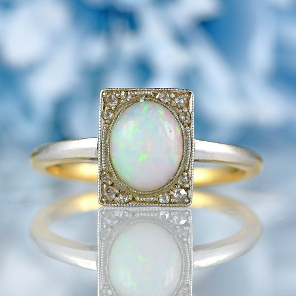 Ellibelle Jewellery Art Deco Opal & Diamond 18ct Gold Platinum Ring