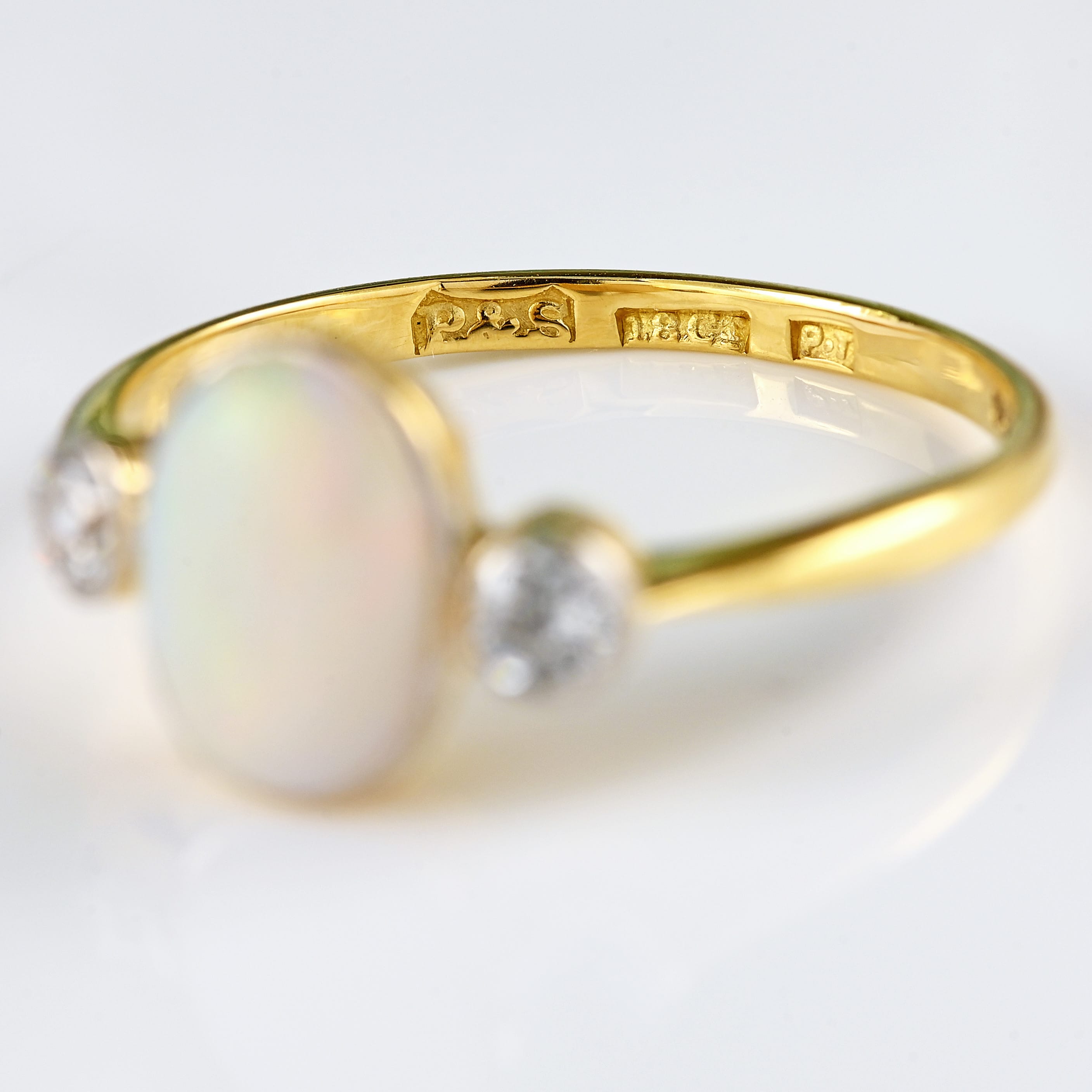 Ellibelle Jewellery Art Deco Opal & Diamond 18ct Gold Platinum Three-Stone Bezel Ring