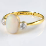 Ellibelle Jewellery Art Deco Opal & Diamond 18ct Gold Platinum Three-Stone Bezel Ring