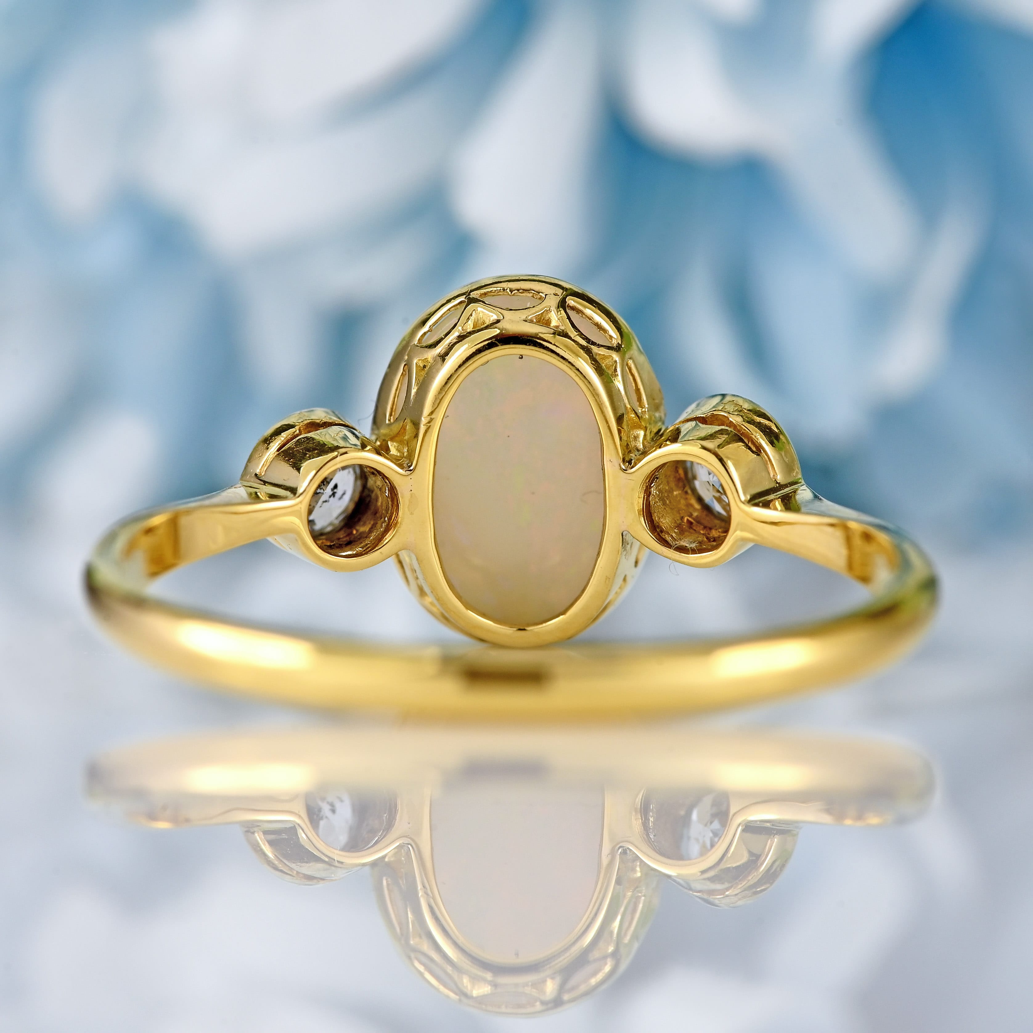 Ellibelle Jewellery Art Deco Opal & Diamond 18ct Gold Platinum Three-Stone Bezel Ring