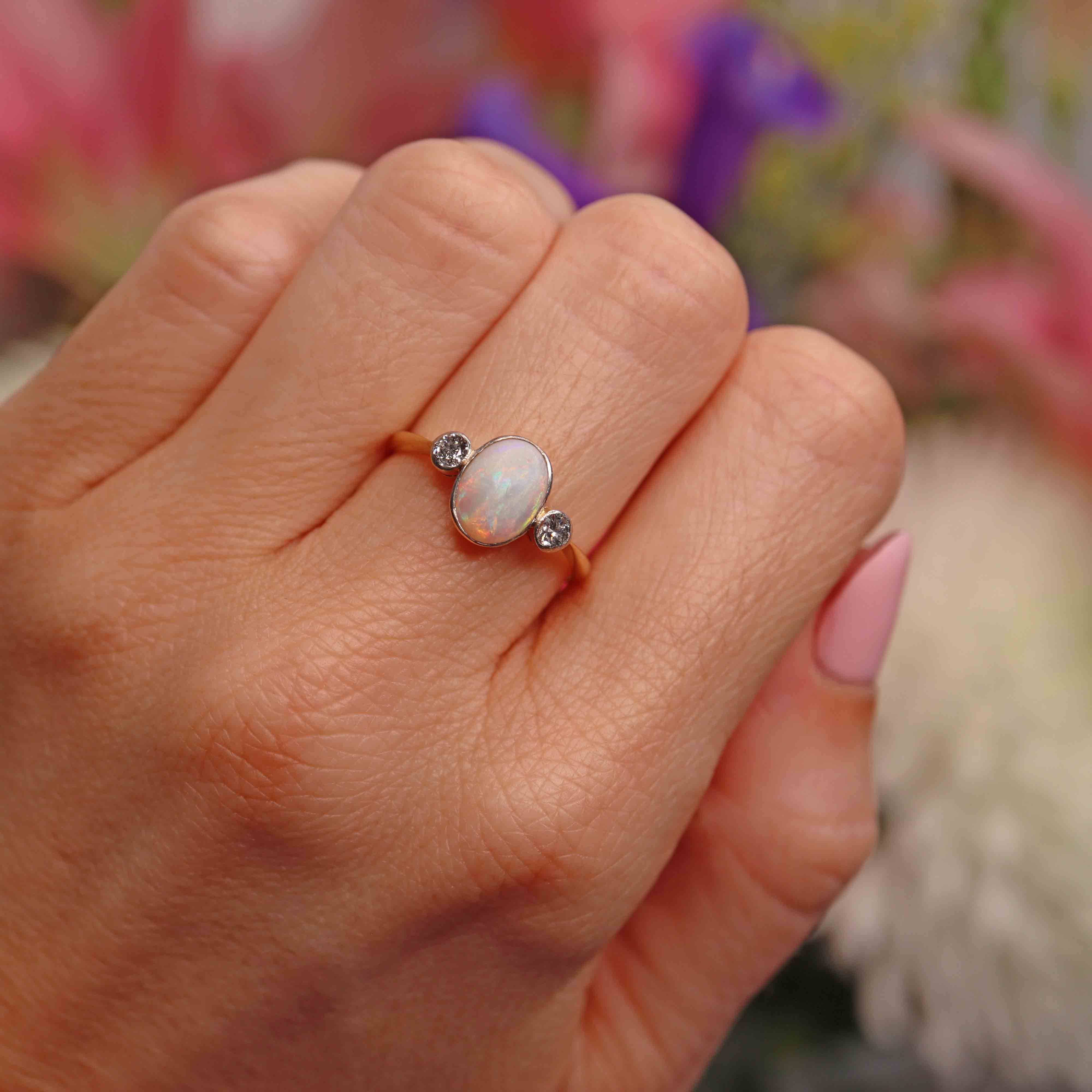 Ellibelle Jewellery Art Deco Opal & Diamond 18ct Gold Platinum Three-Stone Bezel Ring
