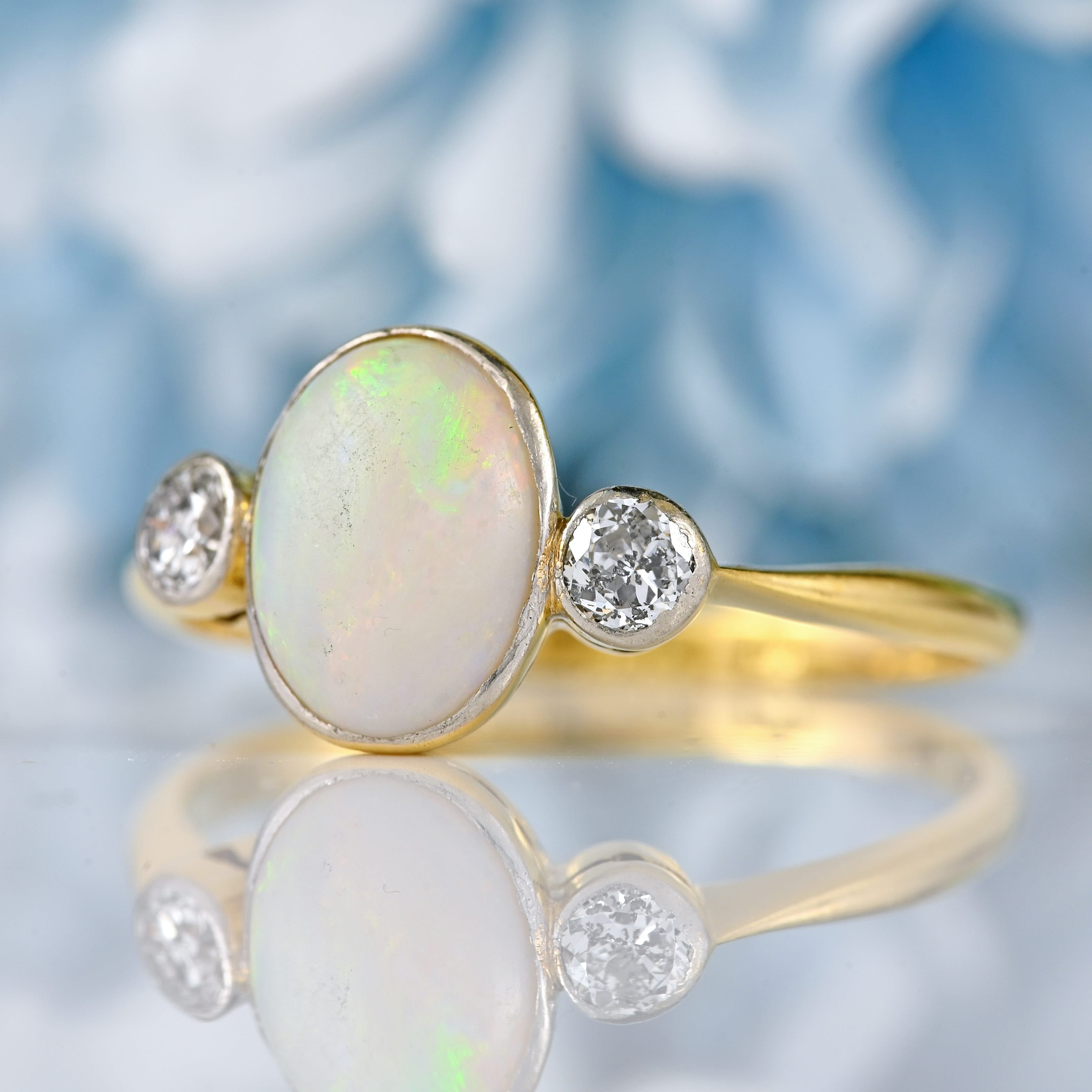 Ellibelle Jewellery Art Deco Opal & Diamond 18ct Gold Platinum Three-Stone Bezel Ring