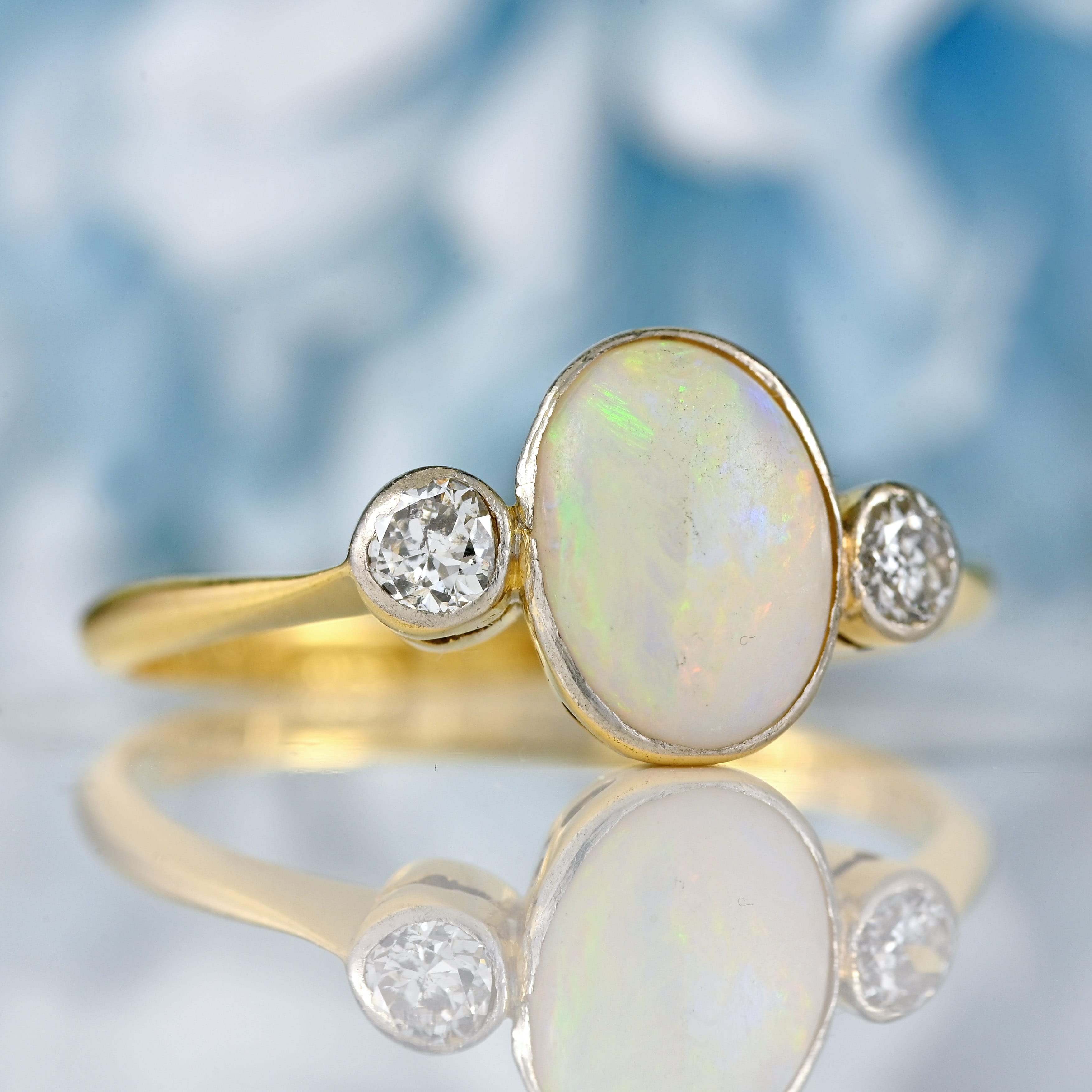 Ellibelle Jewellery Art Deco Opal & Diamond 18ct Gold Platinum Three-Stone Bezel Ring