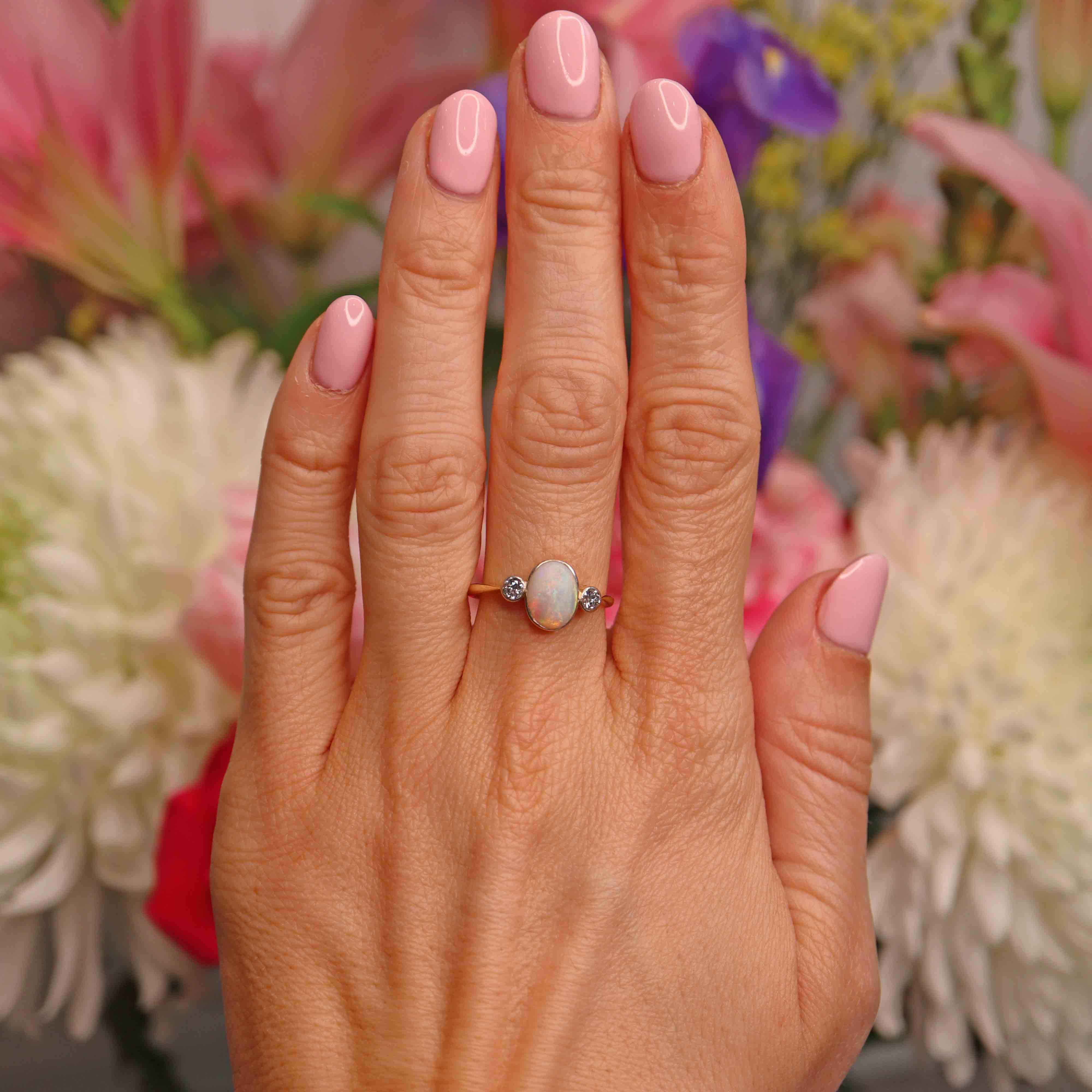 Ellibelle Jewellery Art Deco Opal & Diamond 18ct Gold Platinum Three-Stone Bezel Ring