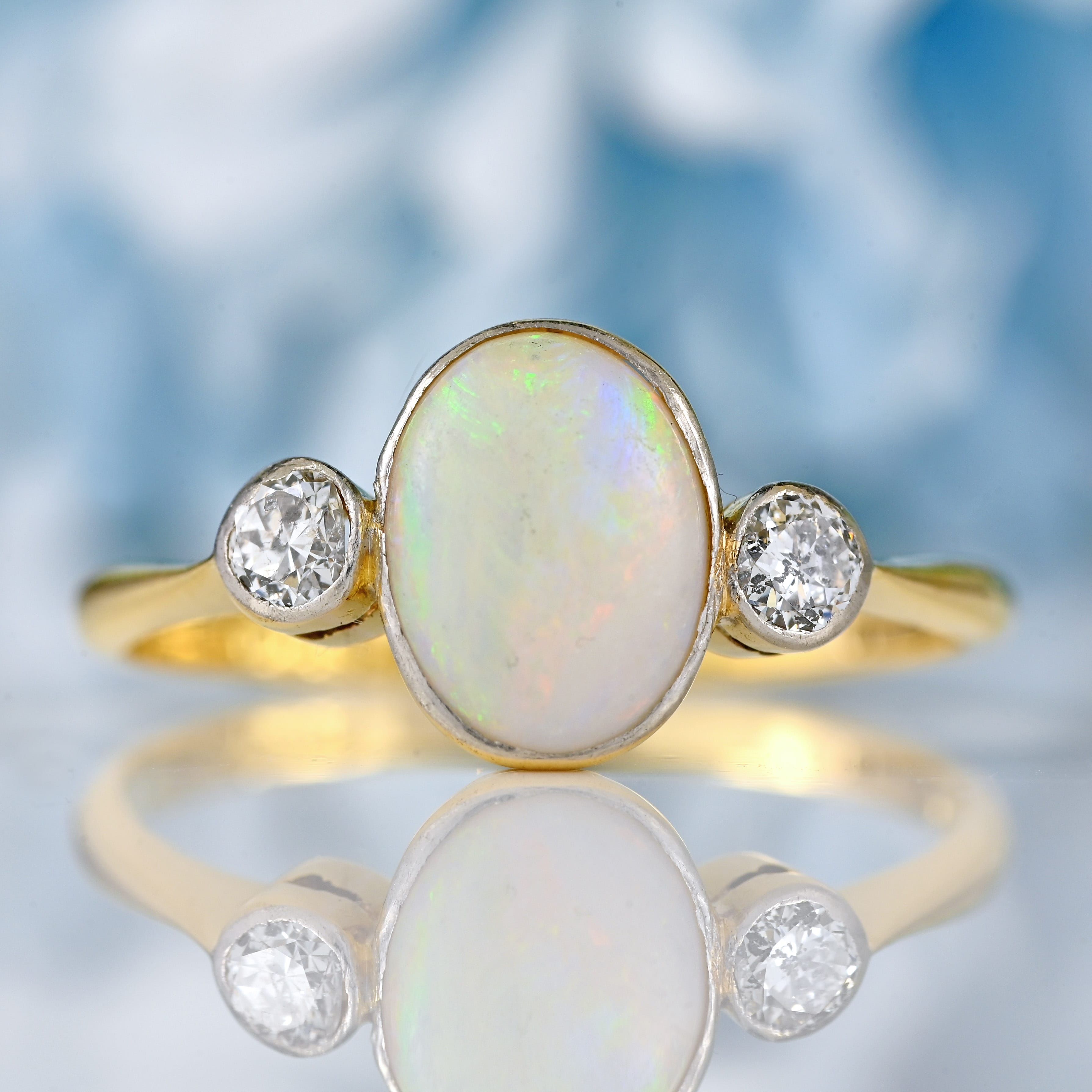 Ellibelle Jewellery Art Deco Opal & Diamond 18ct Gold Platinum Three-Stone Bezel Ring