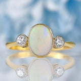 Ellibelle Jewellery Art Deco Opal & Diamond 18ct Gold Platinum Three-Stone Bezel Ring
