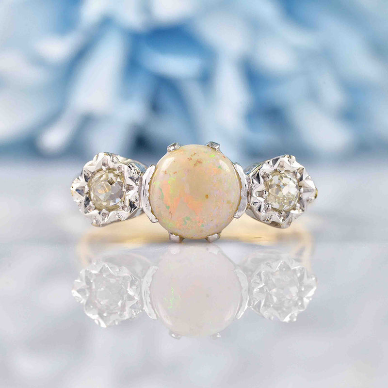 Ellibelle Jewellery Art Deco Opal & Diamond 18ct Gold Platinum Three-Stone Engagement Ring