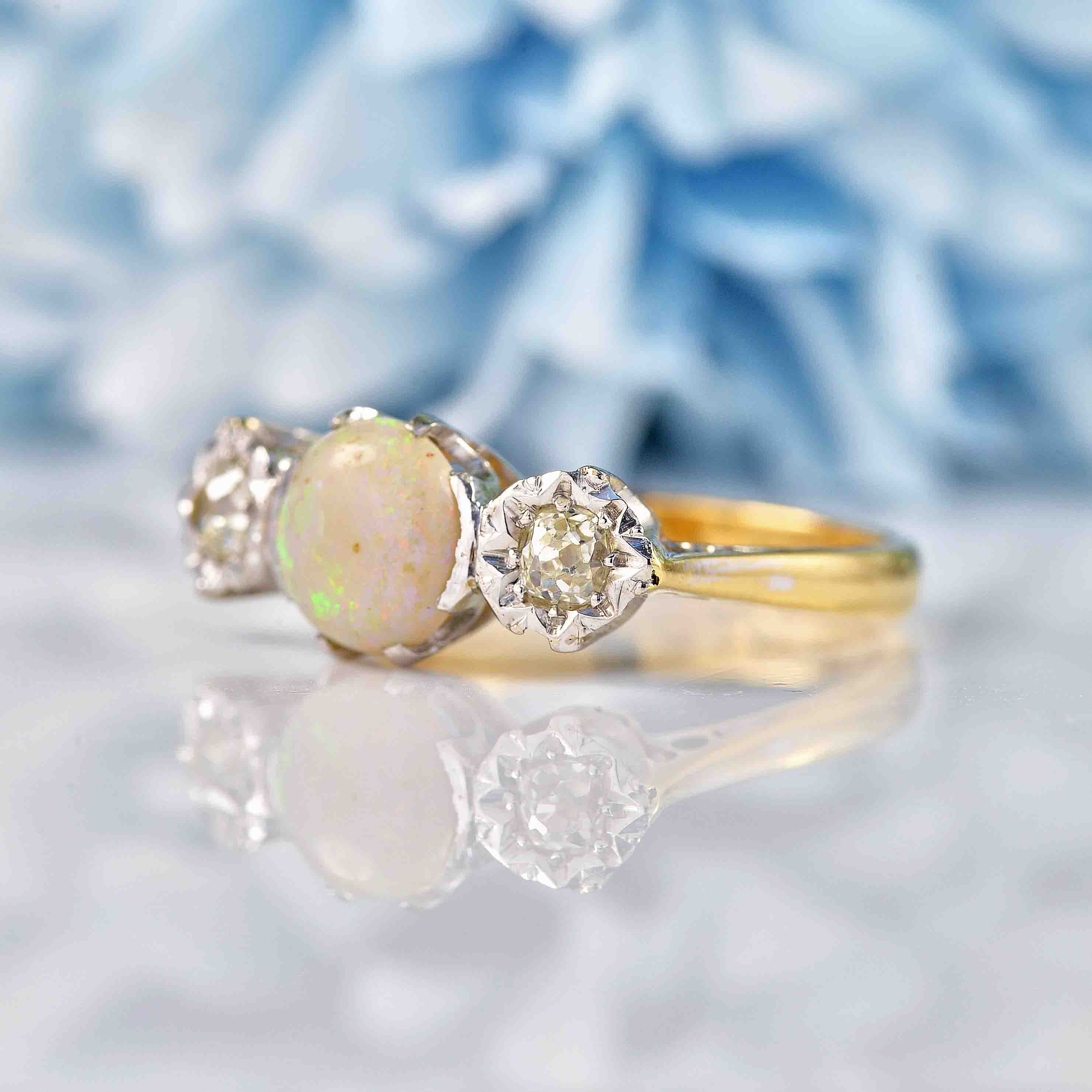 Ellibelle Jewellery Art Deco Opal & Diamond 18ct Gold Platinum Three-Stone Engagement Ring