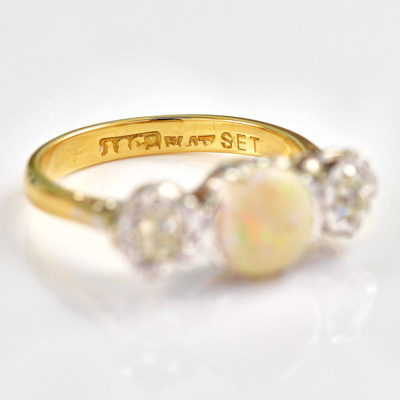 Ellibelle Jewellery Art Deco Opal & Diamond 18ct Gold Platinum Three-Stone Engagement Ring