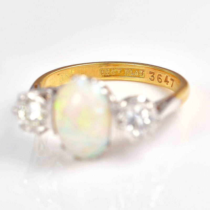 Ellibelle Jewellery Art Deco Opal & Diamond 18ct Gold Three-Stone Trilogy Ring
