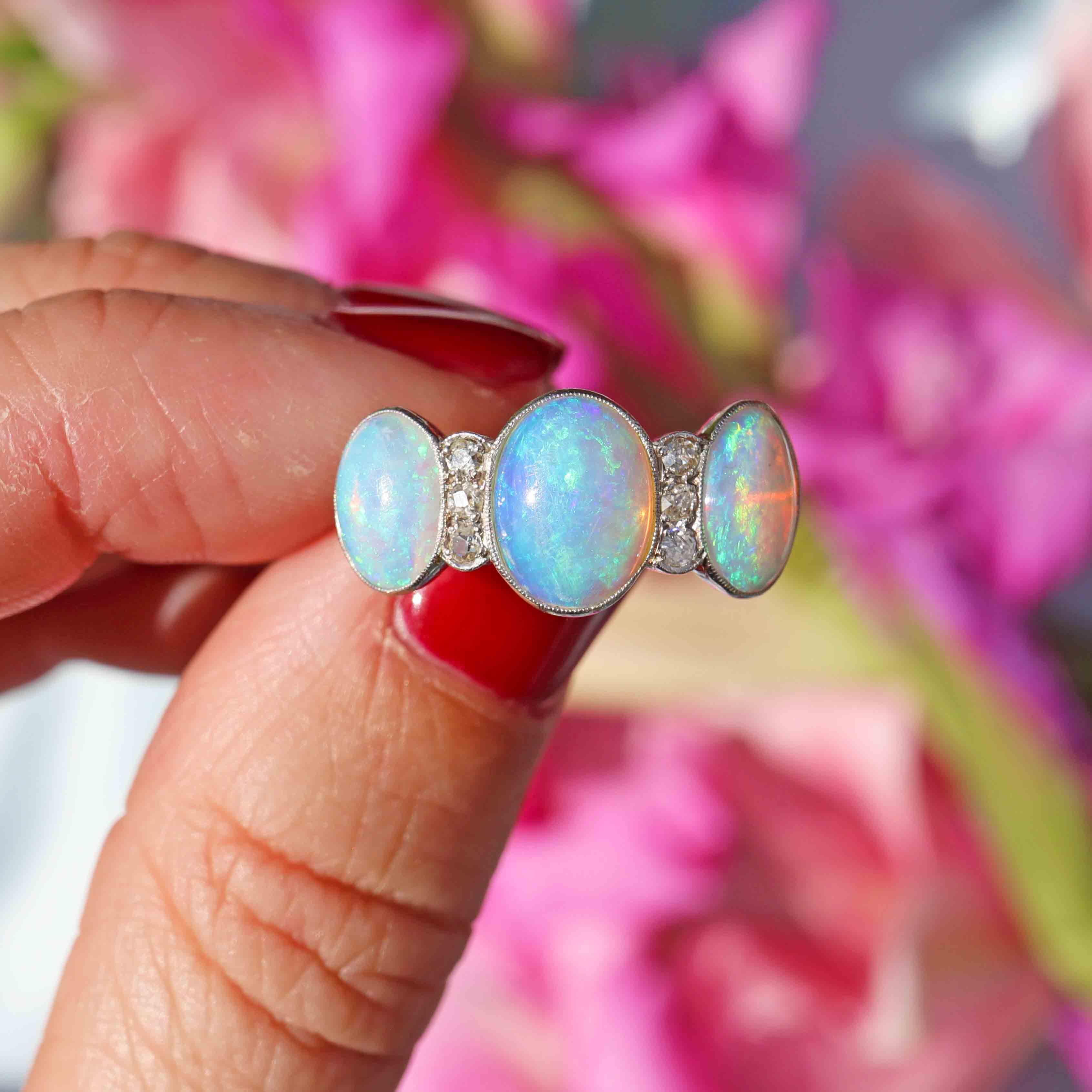 Ellibelle Jewellery Art Deco Opal & Diamond 18ct White Gold Platinum Ring