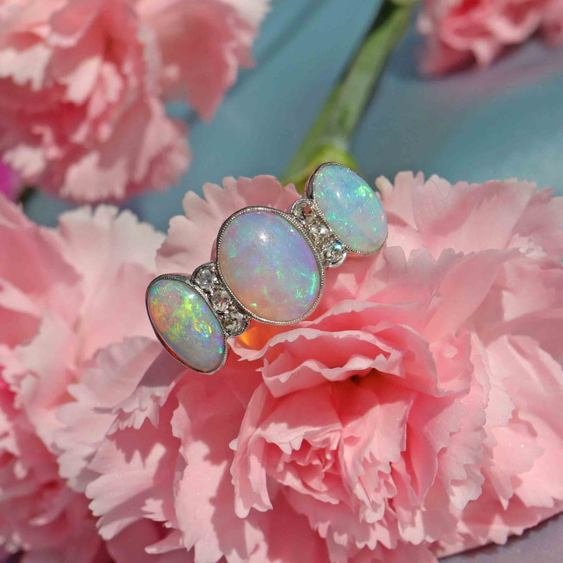 Ellibelle Jewellery Art Deco Opal & Diamond 18ct White Gold Platinum Ring