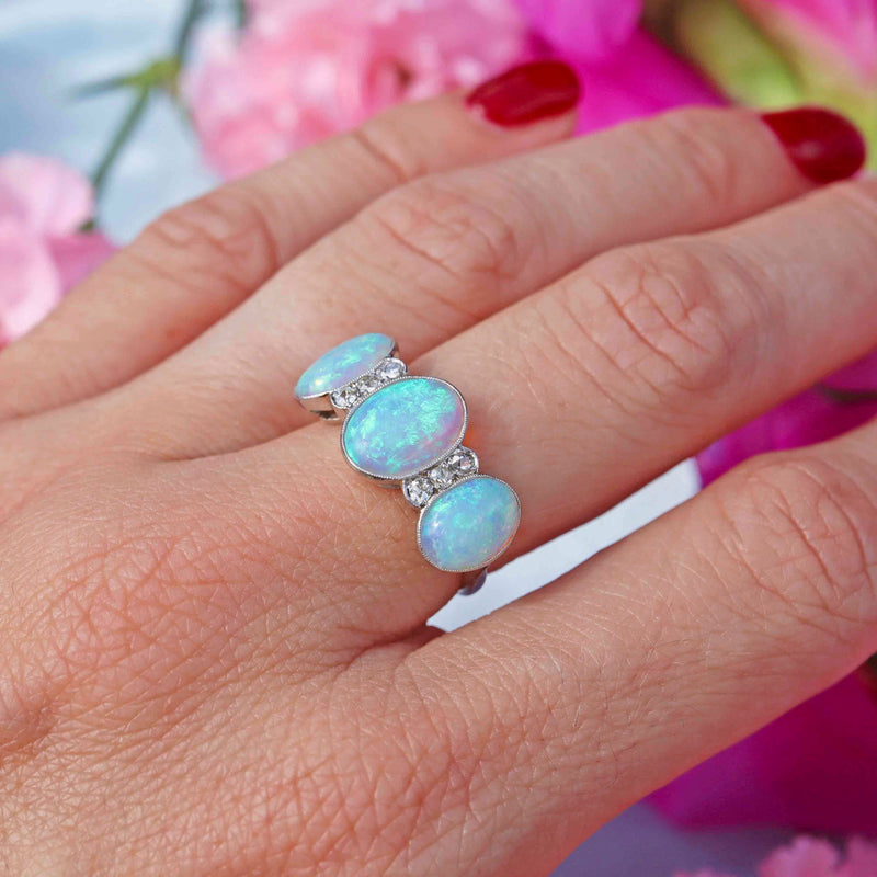 Ellibelle Jewellery Art Deco Opal & Diamond 18ct White Gold Platinum Ring
