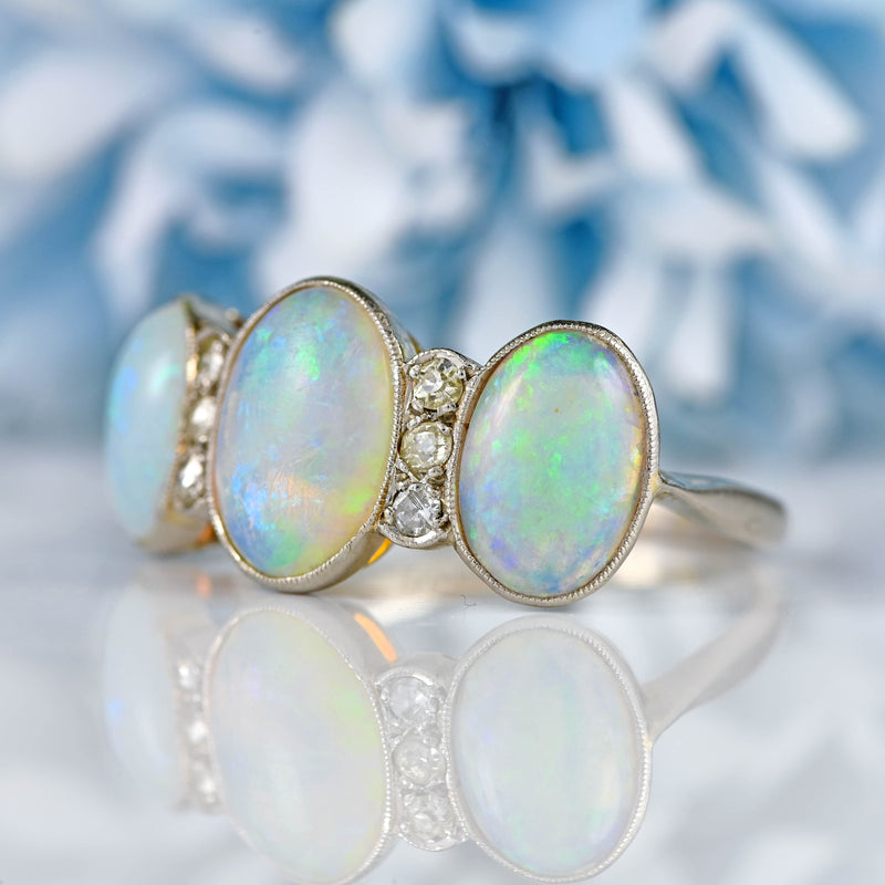 Ellibelle Jewellery Art Deco Opal & Diamond 18ct White Gold Platinum Ring