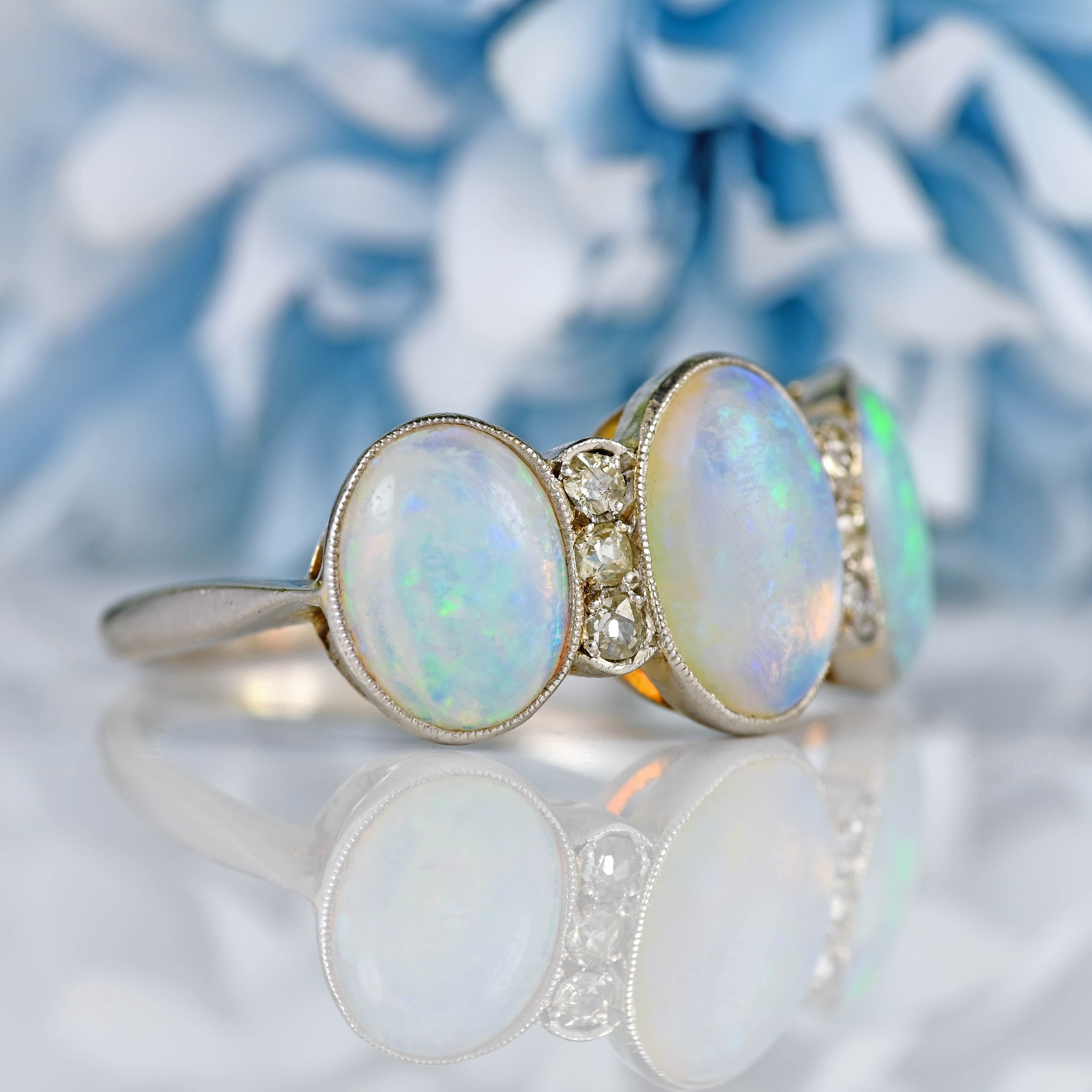 Ellibelle Jewellery Art Deco Opal & Diamond 18ct White Gold Platinum Ring
