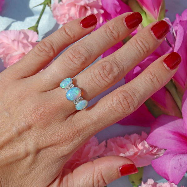 Ellibelle Jewellery Art Deco Opal & Diamond 18ct White Gold Platinum Ring