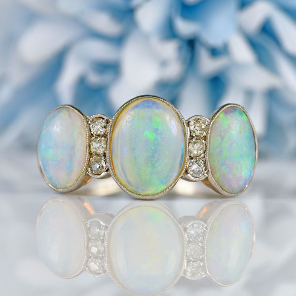 Ellibelle Jewellery Art Deco Opal & Diamond 18ct White Gold Platinum Ring