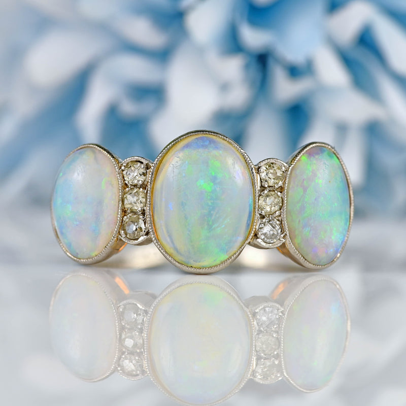 Ellibelle Jewellery Art Deco Opal & Diamond 18ct White Gold Platinum Ring