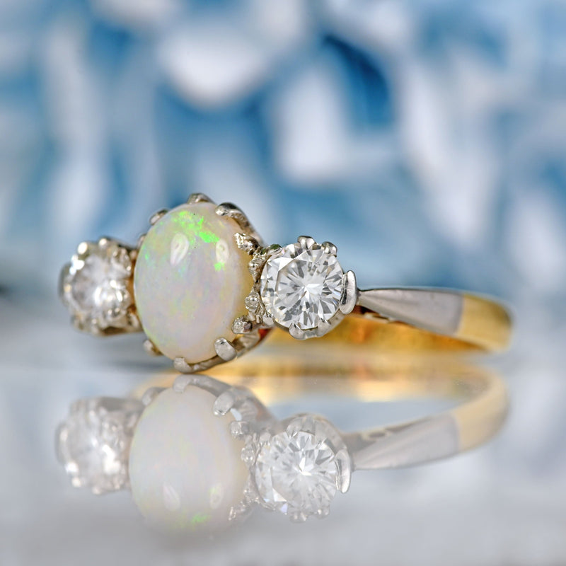 Ellibelle Jewellery Art Deco Opal & Diamond Three-Stone Engagement Ring