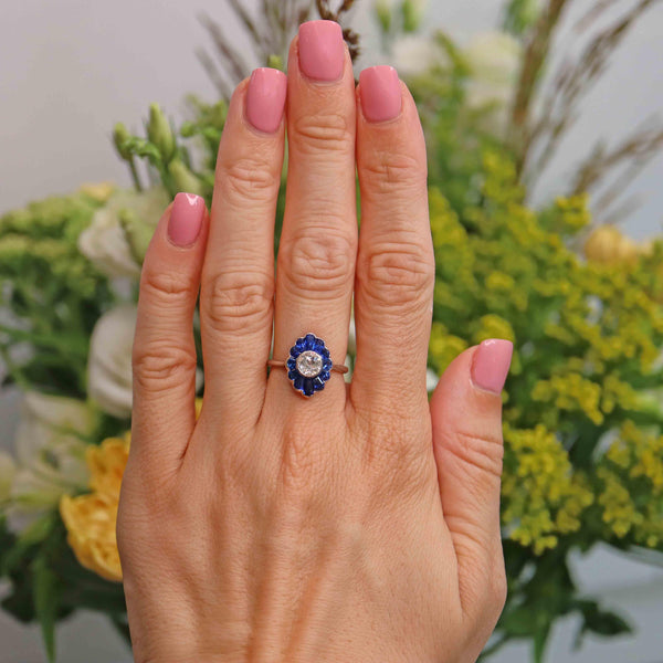 Ellibelle Jewellery Art Deco Platinum Sapphire and Old European Cut Diamond Cluster Ring