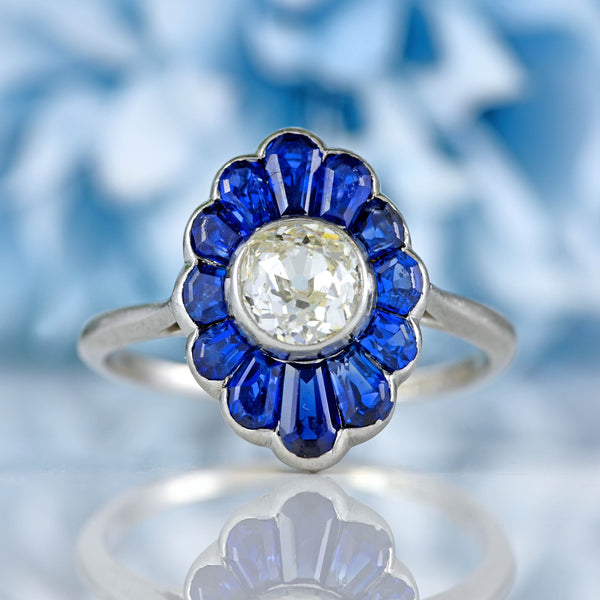 Ellibelle Jewellery Art Deco Platinum Sapphire and Old European Cut Diamond Cluster Ring