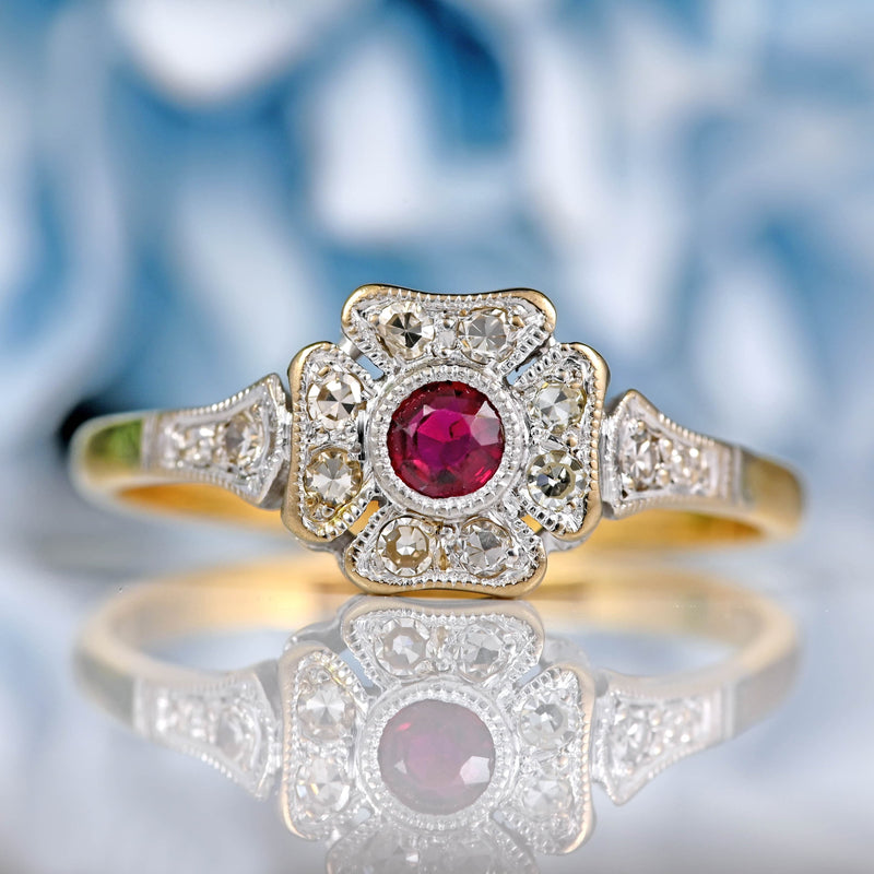 Ellibelle Jewellery Art Deco Ruby & Diamond 18ct Gold Platinum Floral Cluster Ring