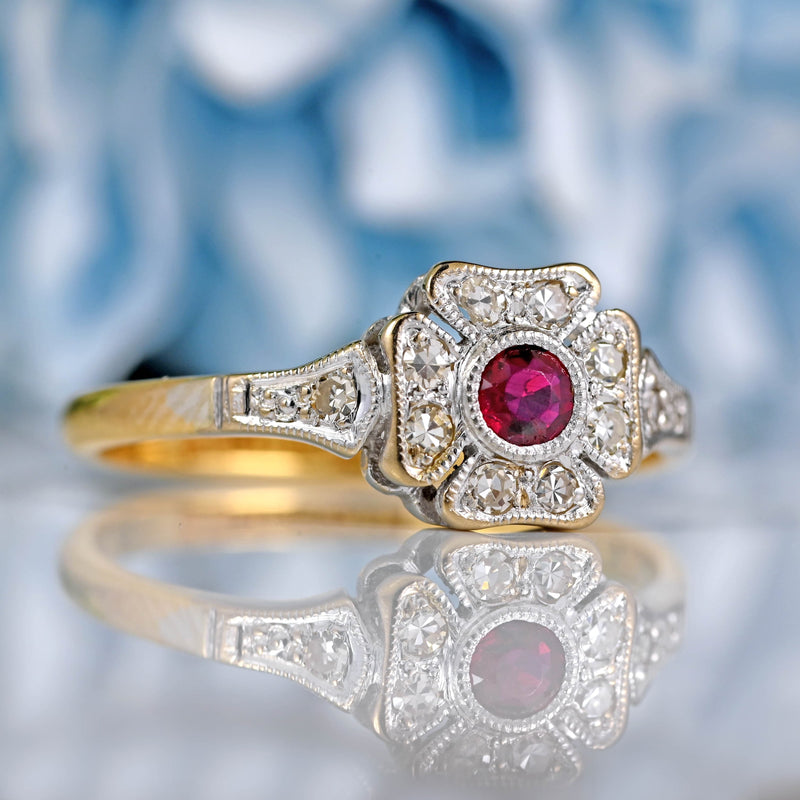 Ellibelle Jewellery Art Deco Ruby & Diamond 18ct Gold Platinum Floral Cluster Ring