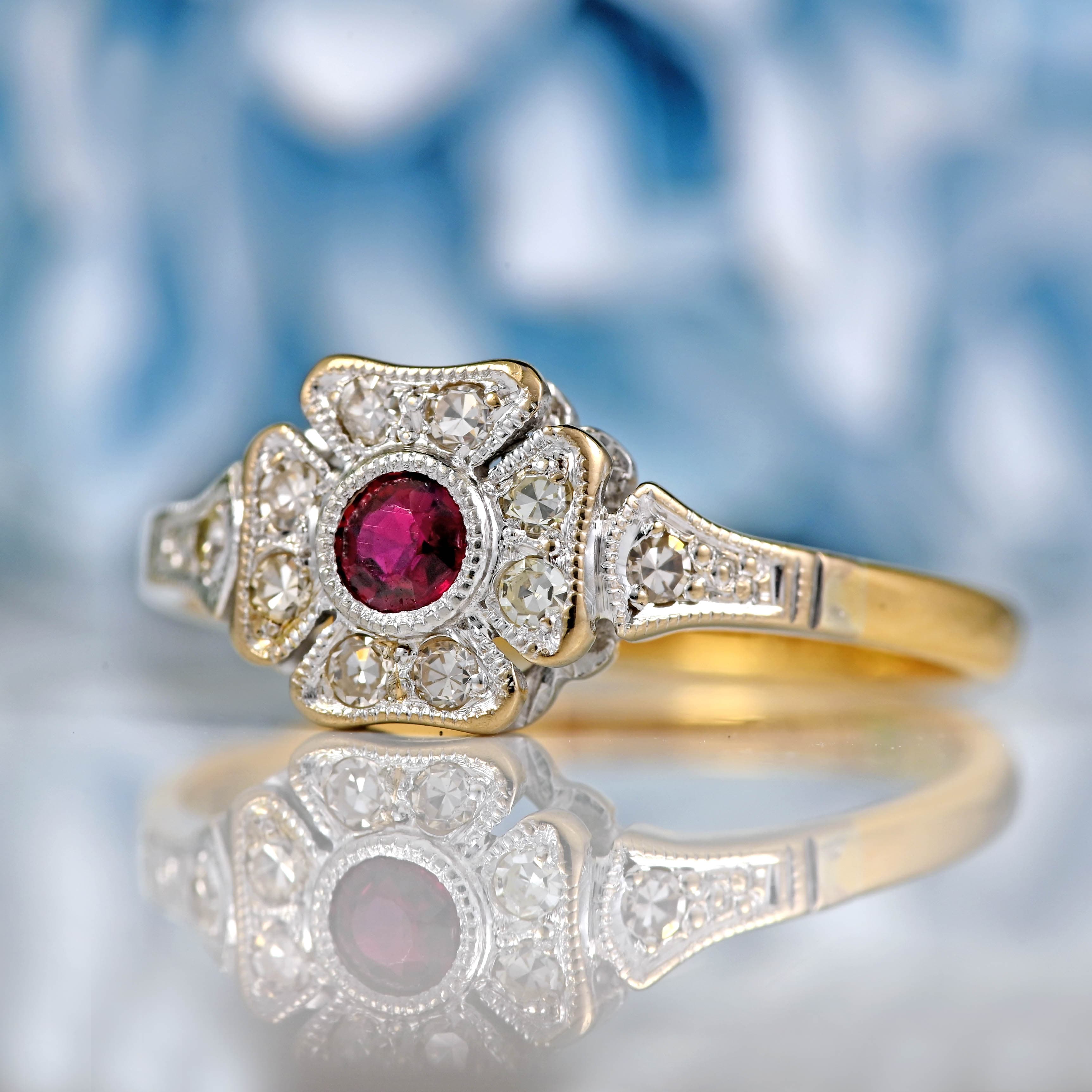 Ellibelle Jewellery Art Deco Ruby & Diamond 18ct Gold Platinum Floral Cluster Ring