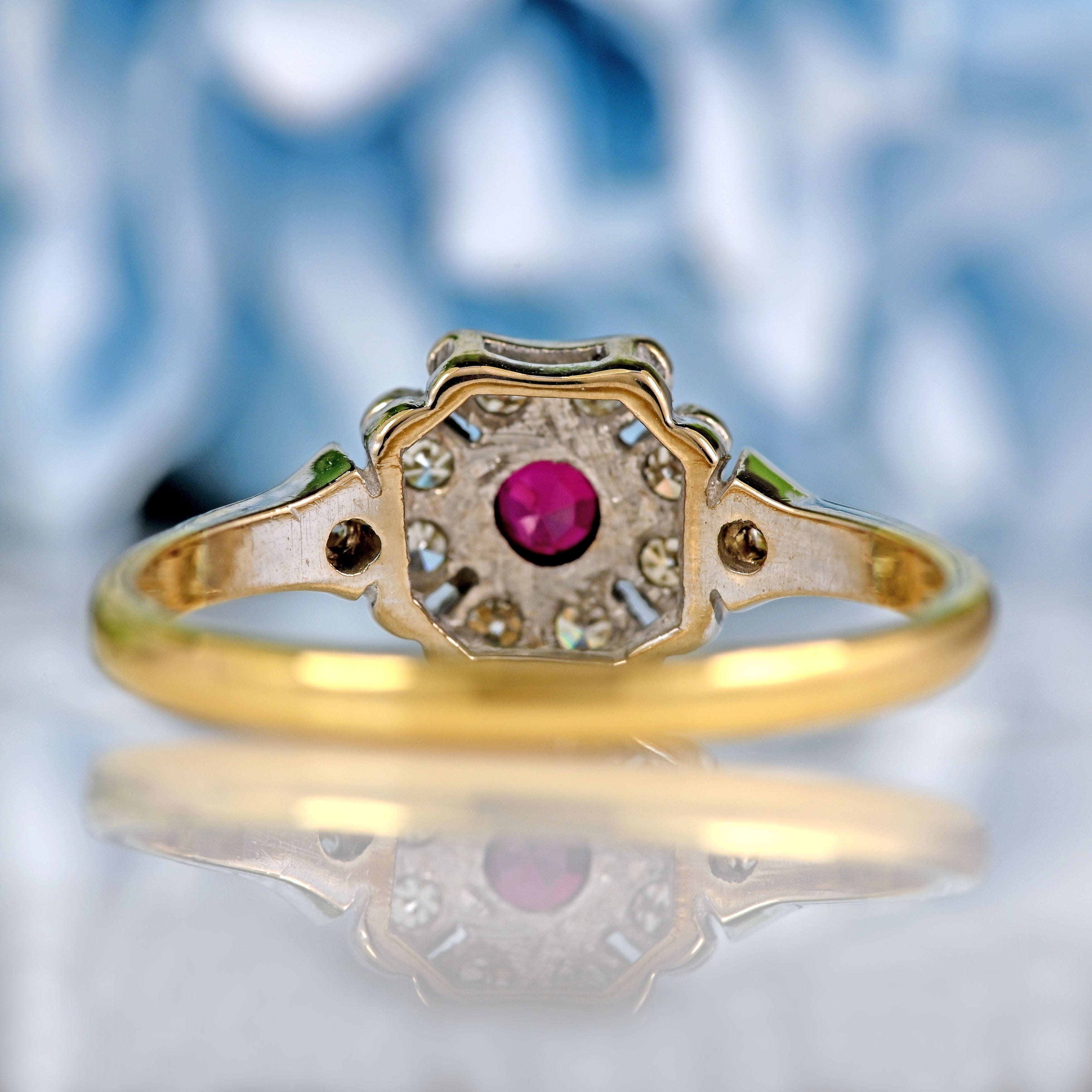 Ellibelle Jewellery Art Deco Ruby & Diamond 18ct Gold Platinum Floral Cluster Ring