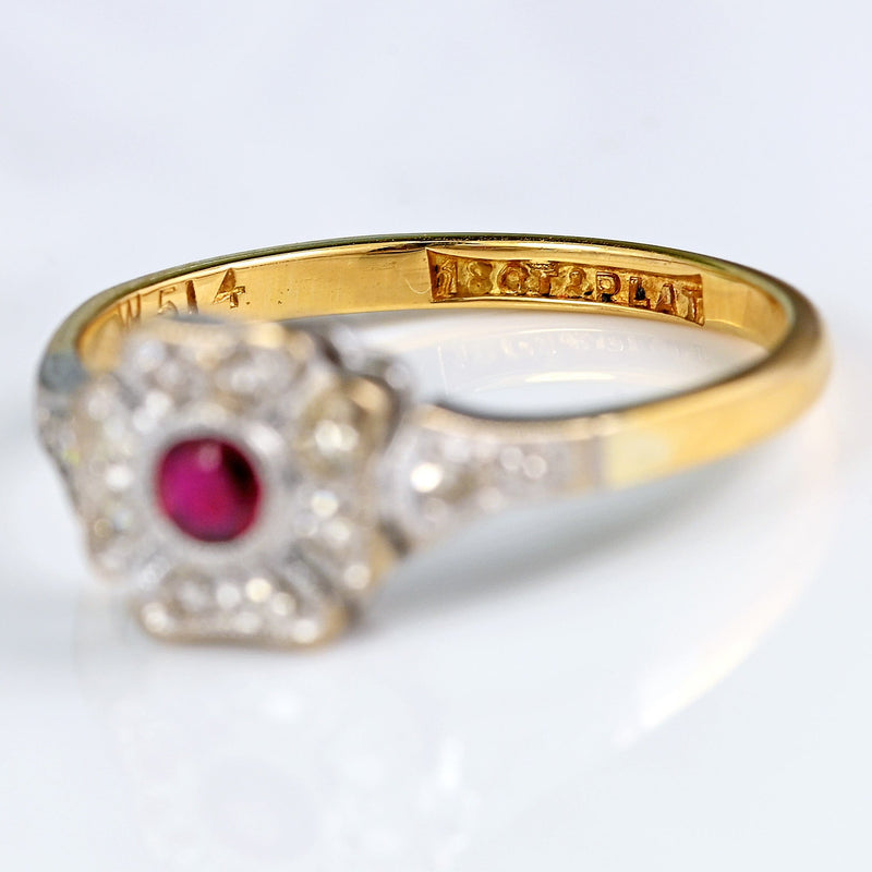 Ellibelle Jewellery Art Deco Ruby & Diamond 18ct Gold Platinum Floral Cluster Ring