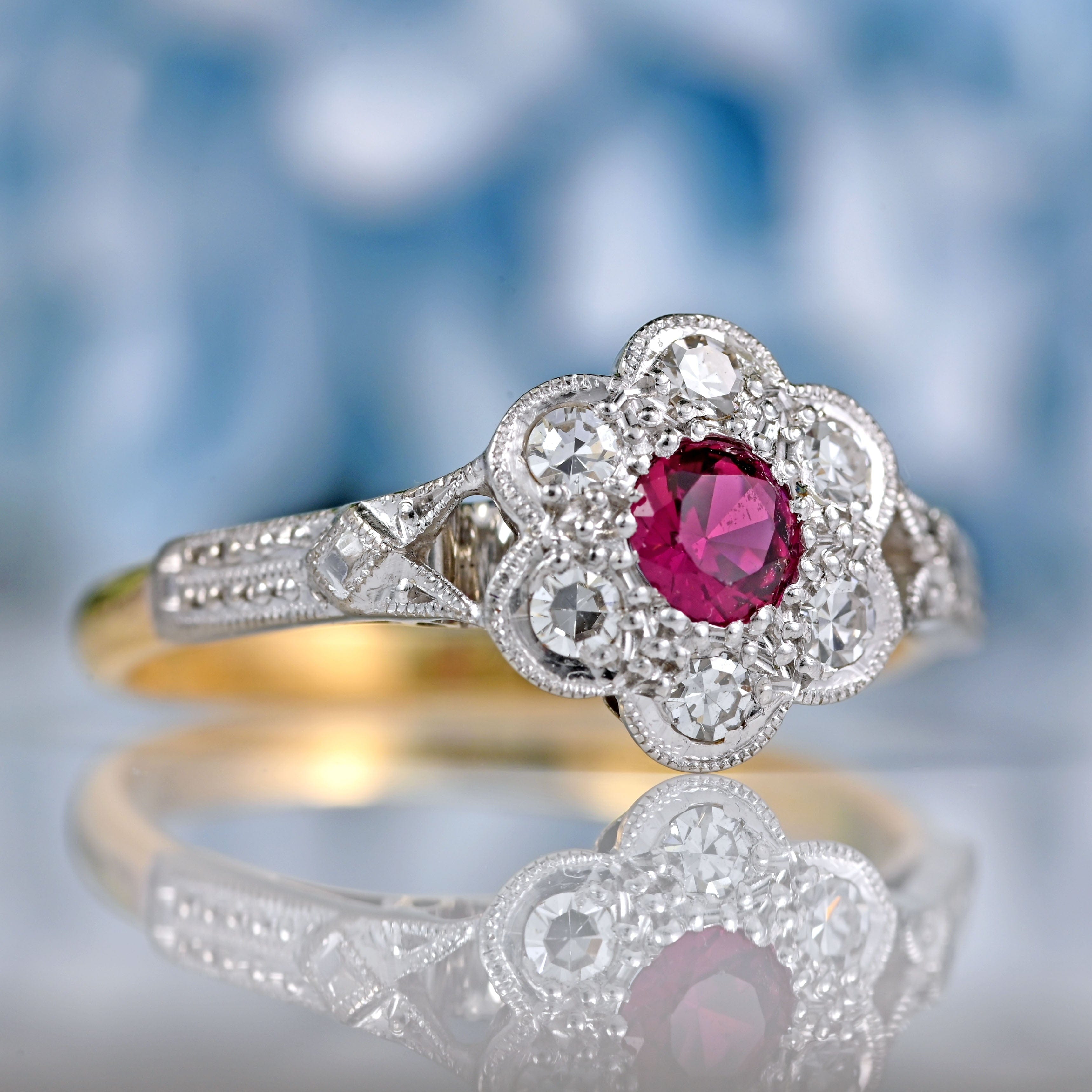 Ellibelle Jewellery Art Deco Ruby & Diamond 18ct Gold Platinum Ring