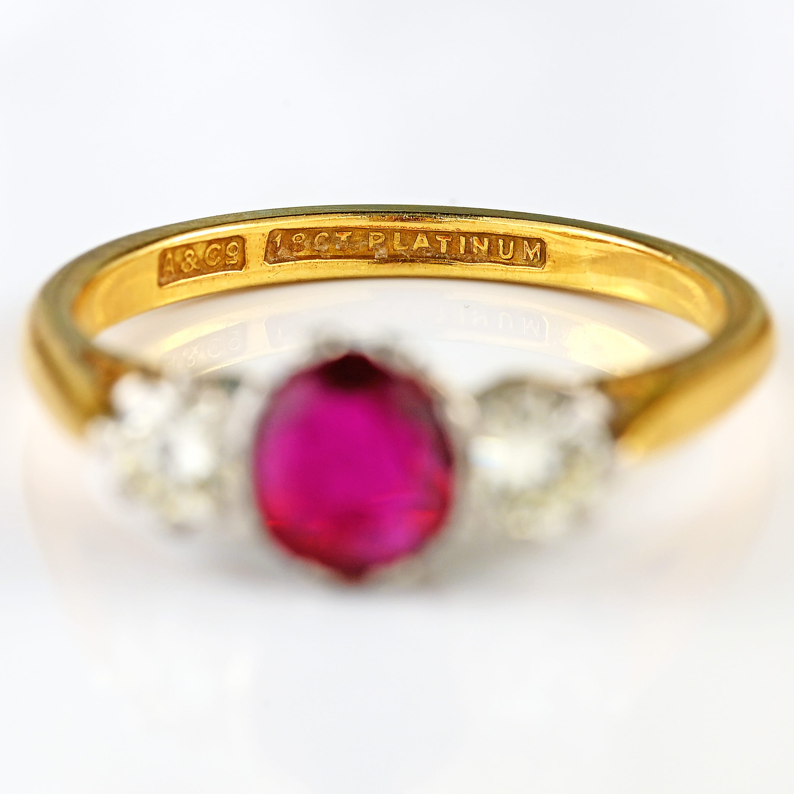 Ellibelle Jewellery Art Deco Ruby & Diamond 18ct Gold Platinum Three-Stone Ring by Asprey Co