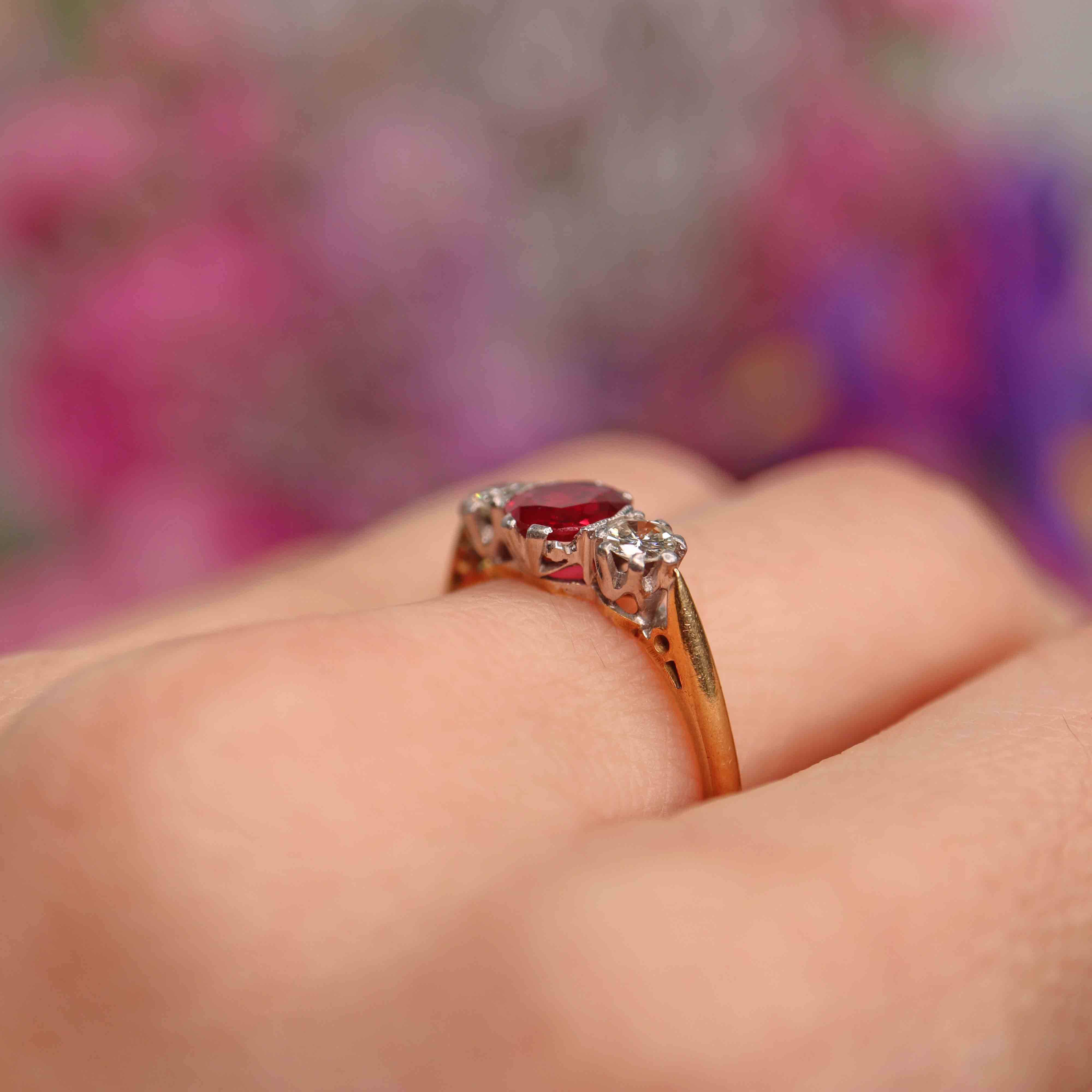 Ellibelle Jewellery Art Deco Ruby & Diamond 18ct Gold Platinum Three-Stone Ring by Asprey Co