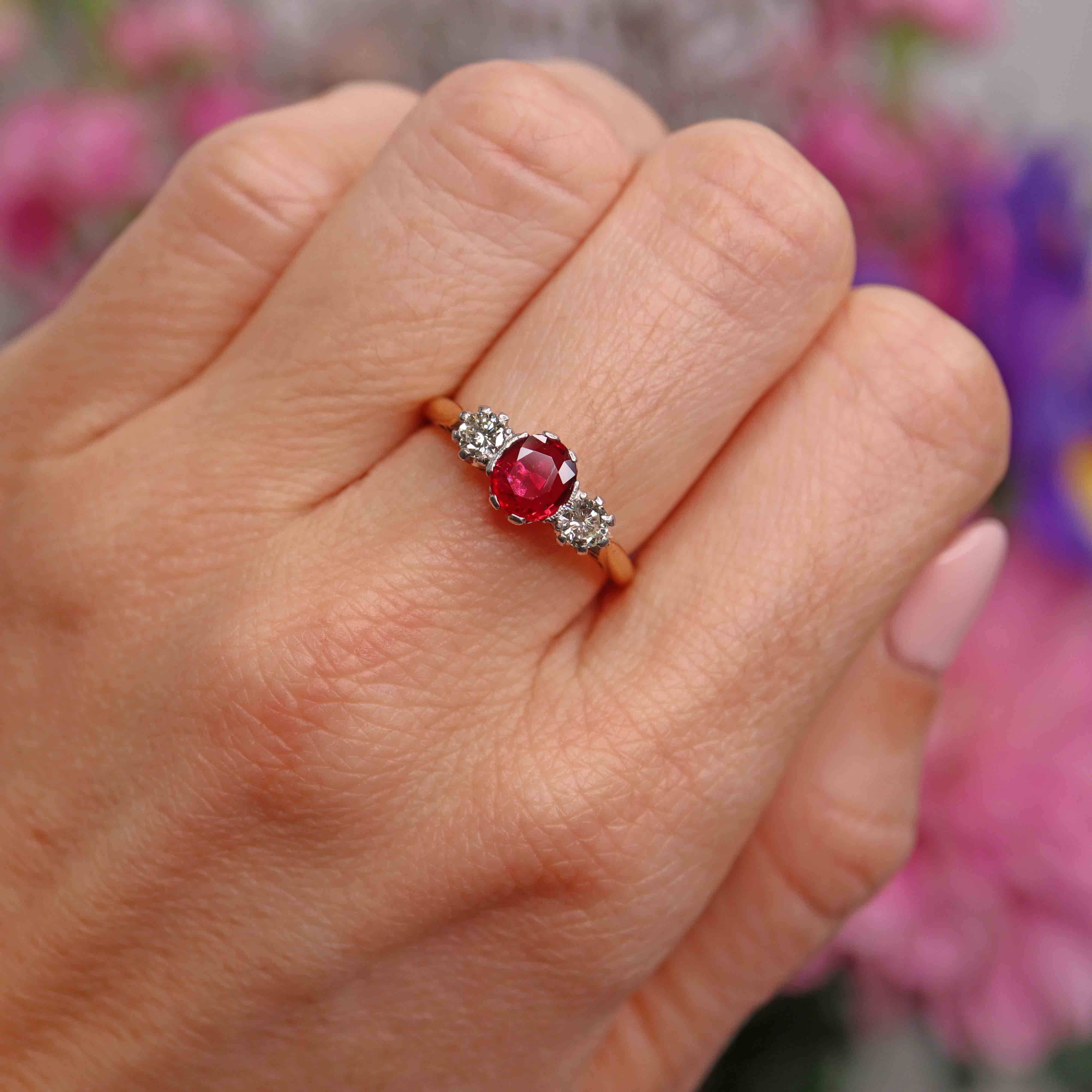 Ellibelle Jewellery Art Deco Ruby & Diamond 18ct Gold Platinum Three-Stone Ring by Asprey Co