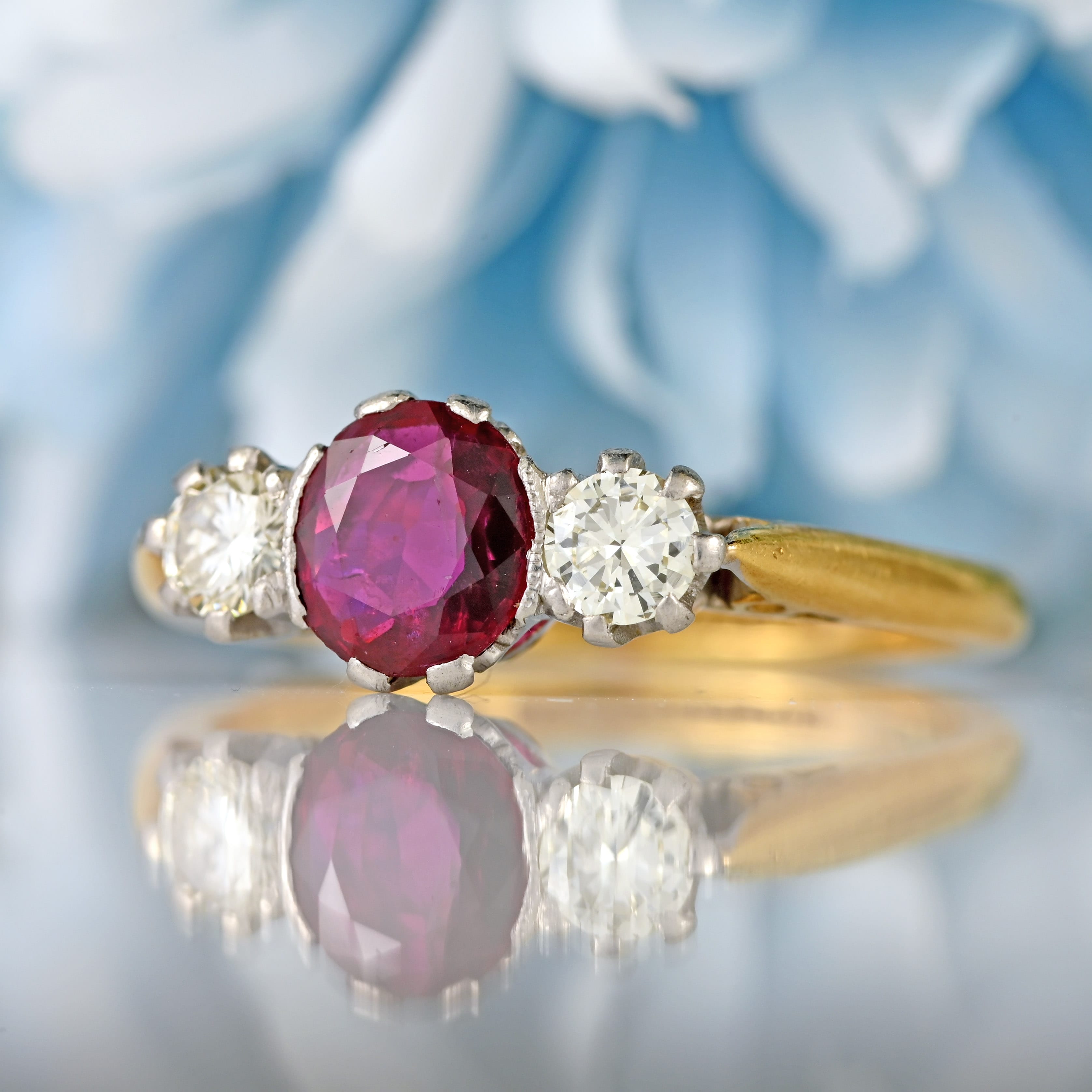 Ellibelle Jewellery Art Deco Ruby & Diamond 18ct Gold Platinum Three-Stone Ring by Asprey Co