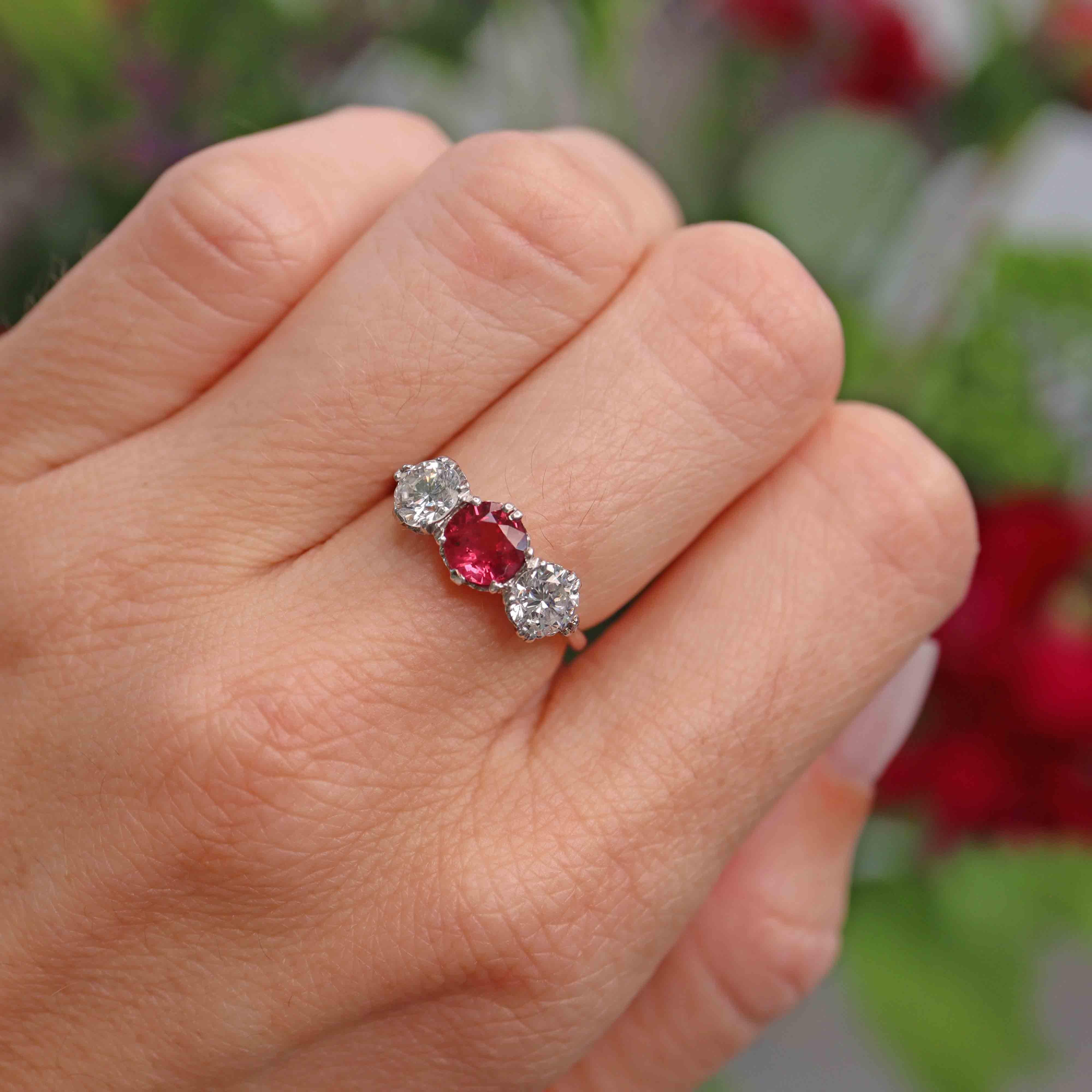 Ellibelle Jewellery Art Deco Ruby & Diamond Platinum Three-Stone Engagement Ring